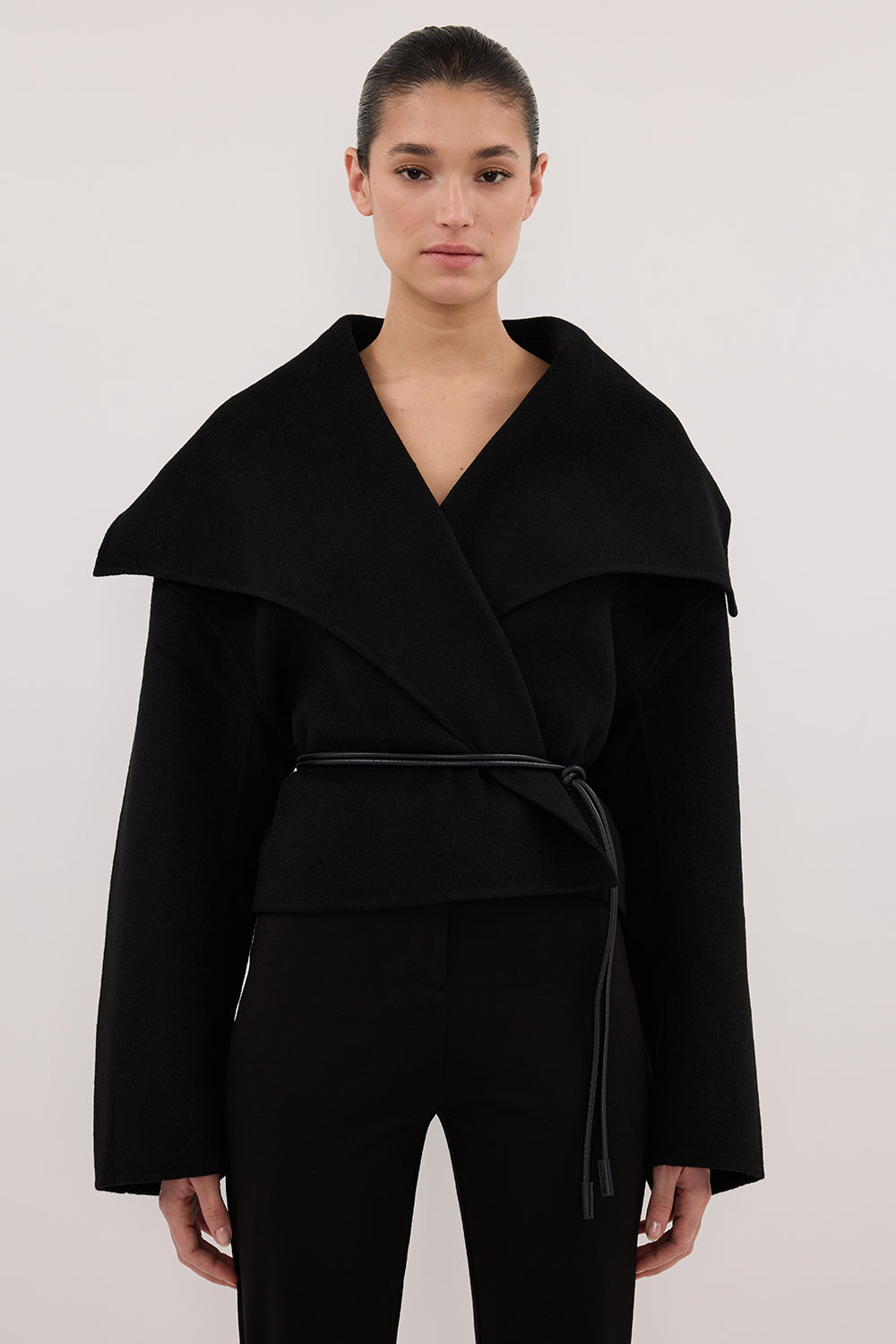 LUCIA BLACK CROPPED WOOL BLEND TRENCH COAT