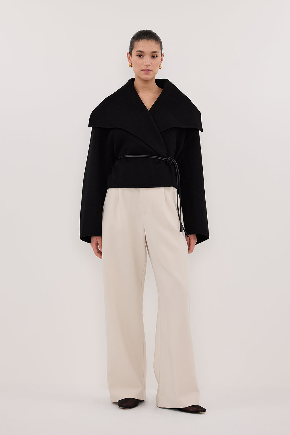 LUCIA BLACK CROPPED WOOL BLEND TRENCH COAT