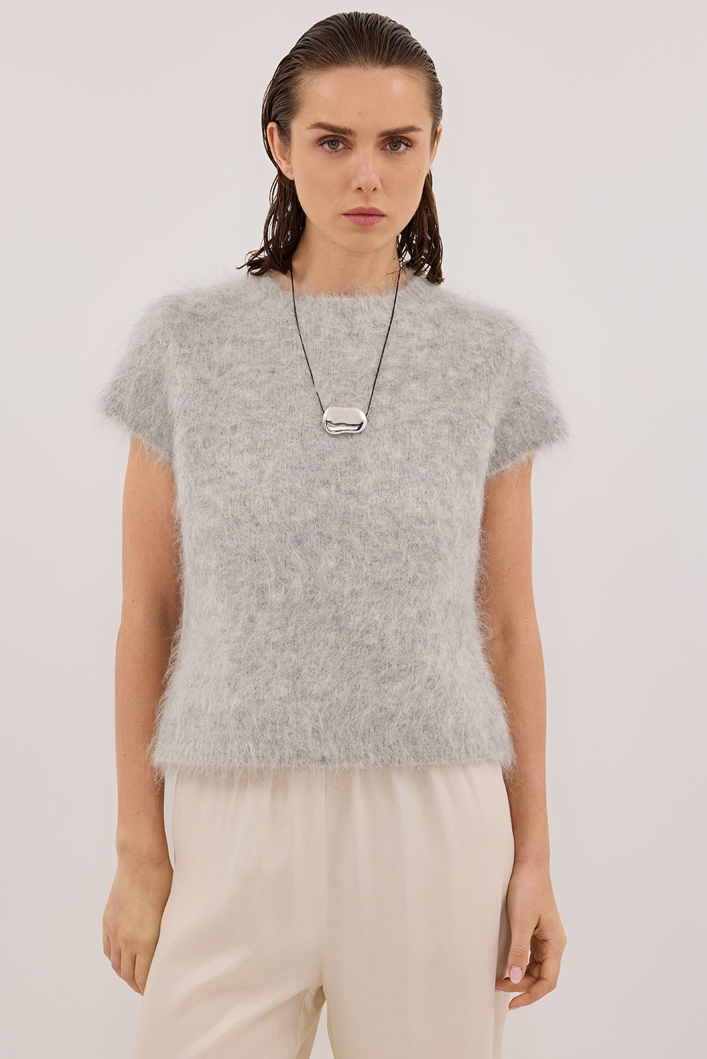 SALMA SILVER CAP SLEEVE KNIT TOP