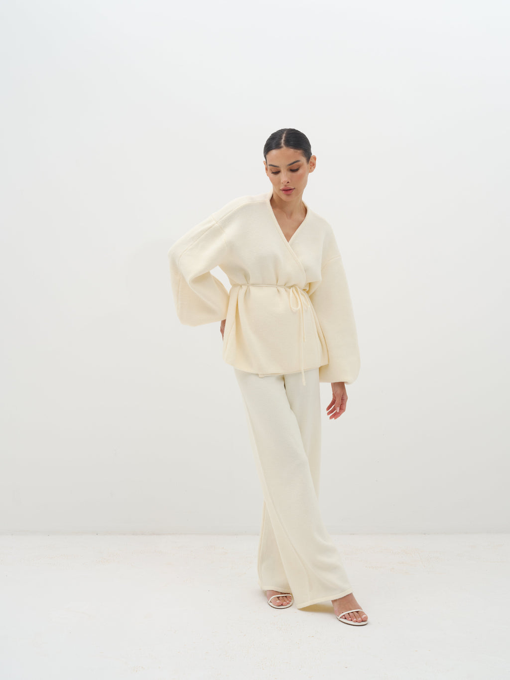 Azalia Wrap Top & Wide-Leg Trouser Set - White