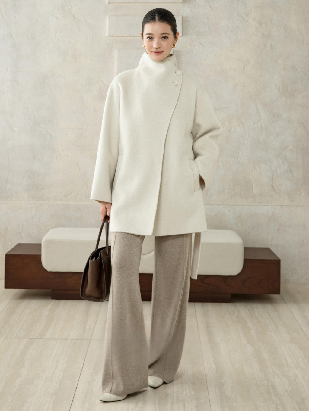 High-Neck Belted Wool Coat - White