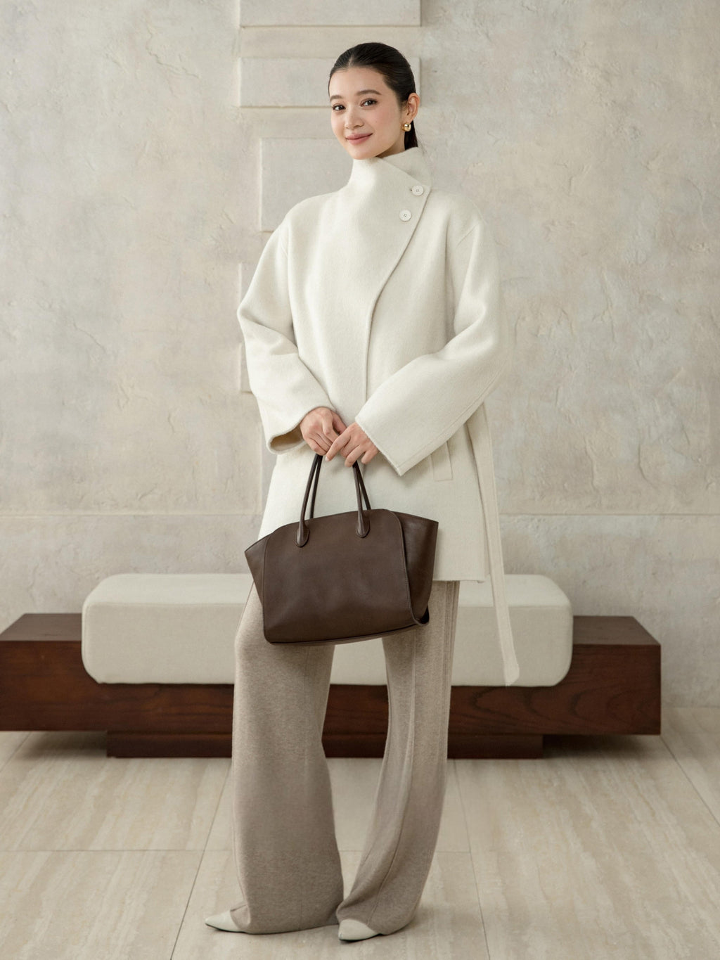 High-Neck Belted Wool Coat - White