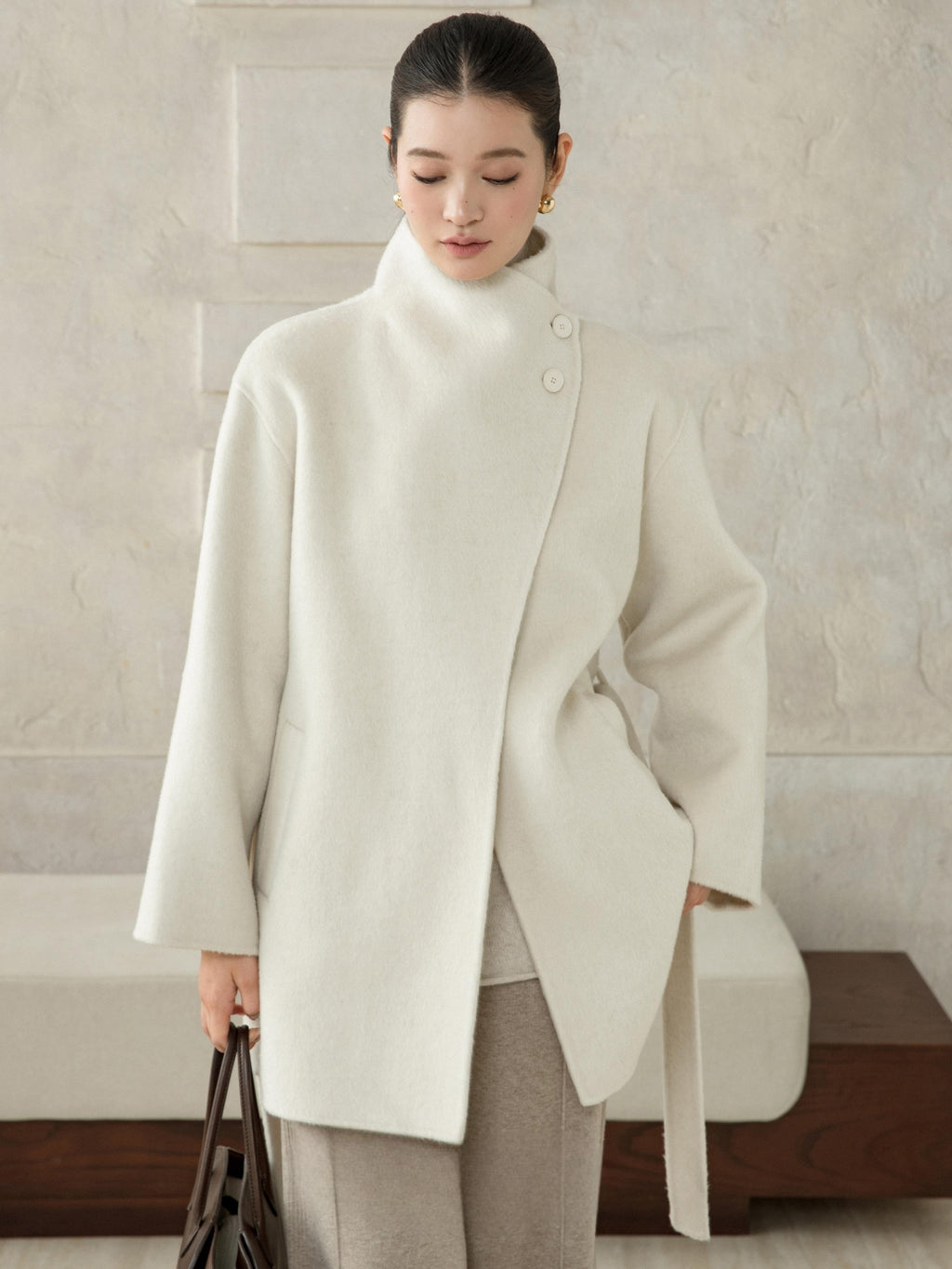 High-Neck Belted Wool Coat - White