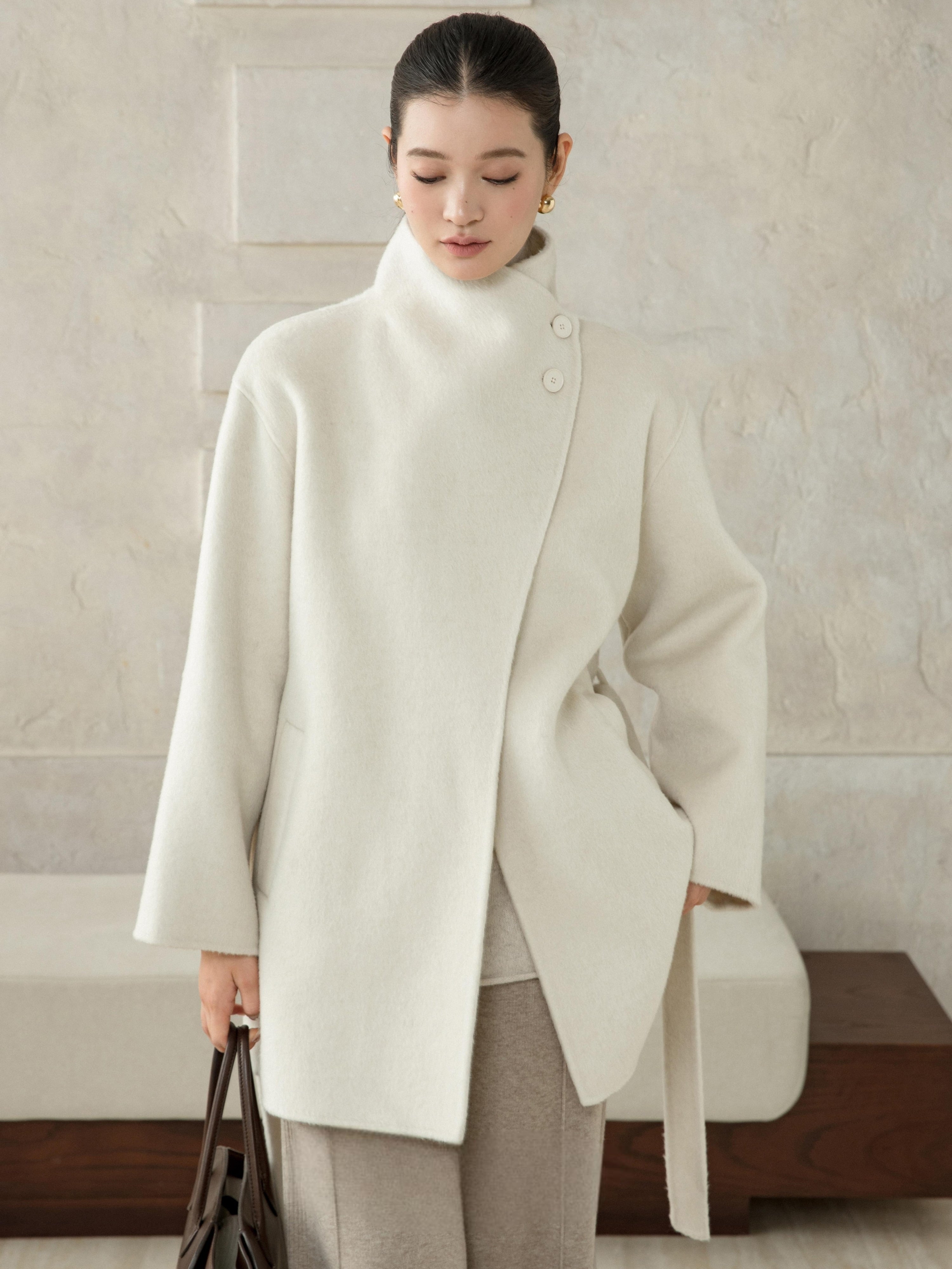 High-Neck Belted Wool Coat - White