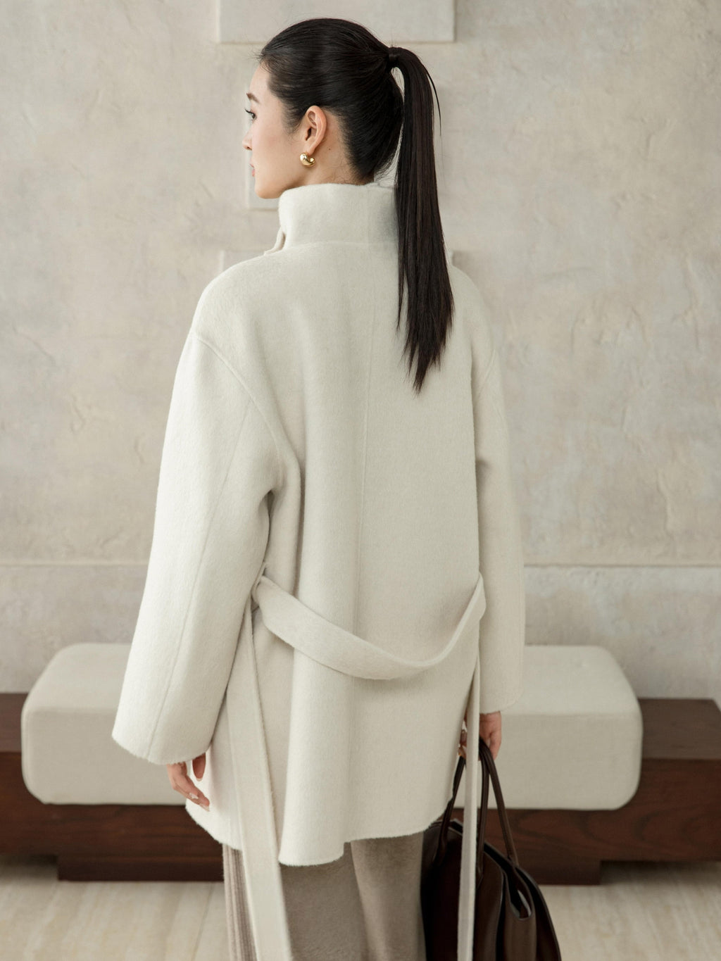 High-Neck Belted Wool Coat - White