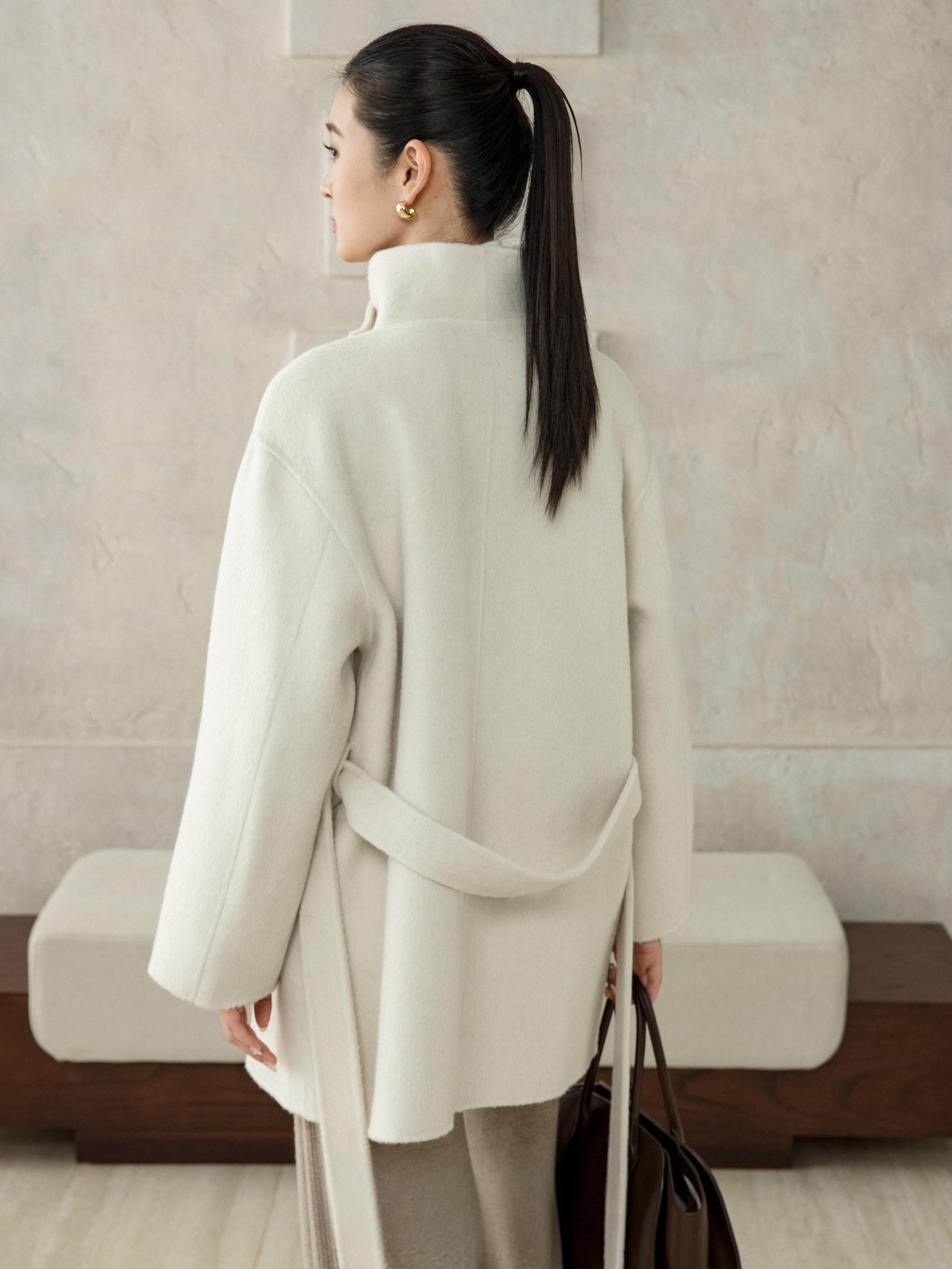 High-Neck Belted Wool Coat - White