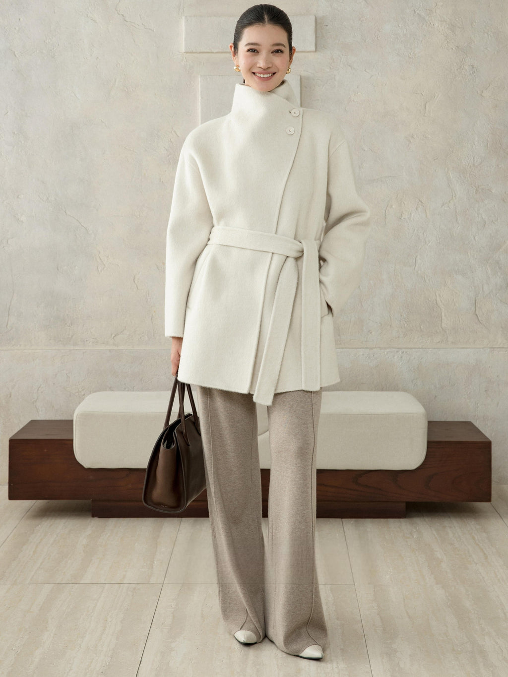 High-Neck Belted Wool Coat - White