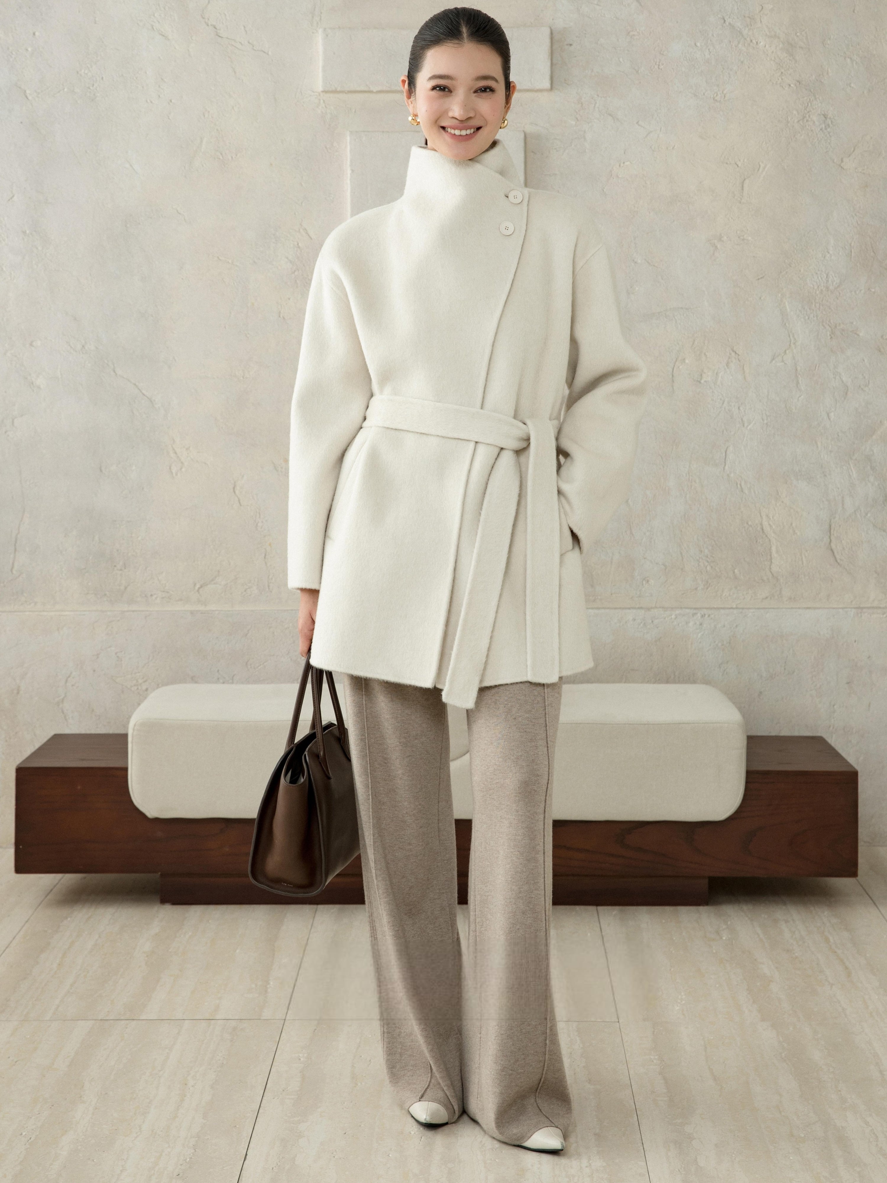 High-Neck Belted Wool Coat - Grey