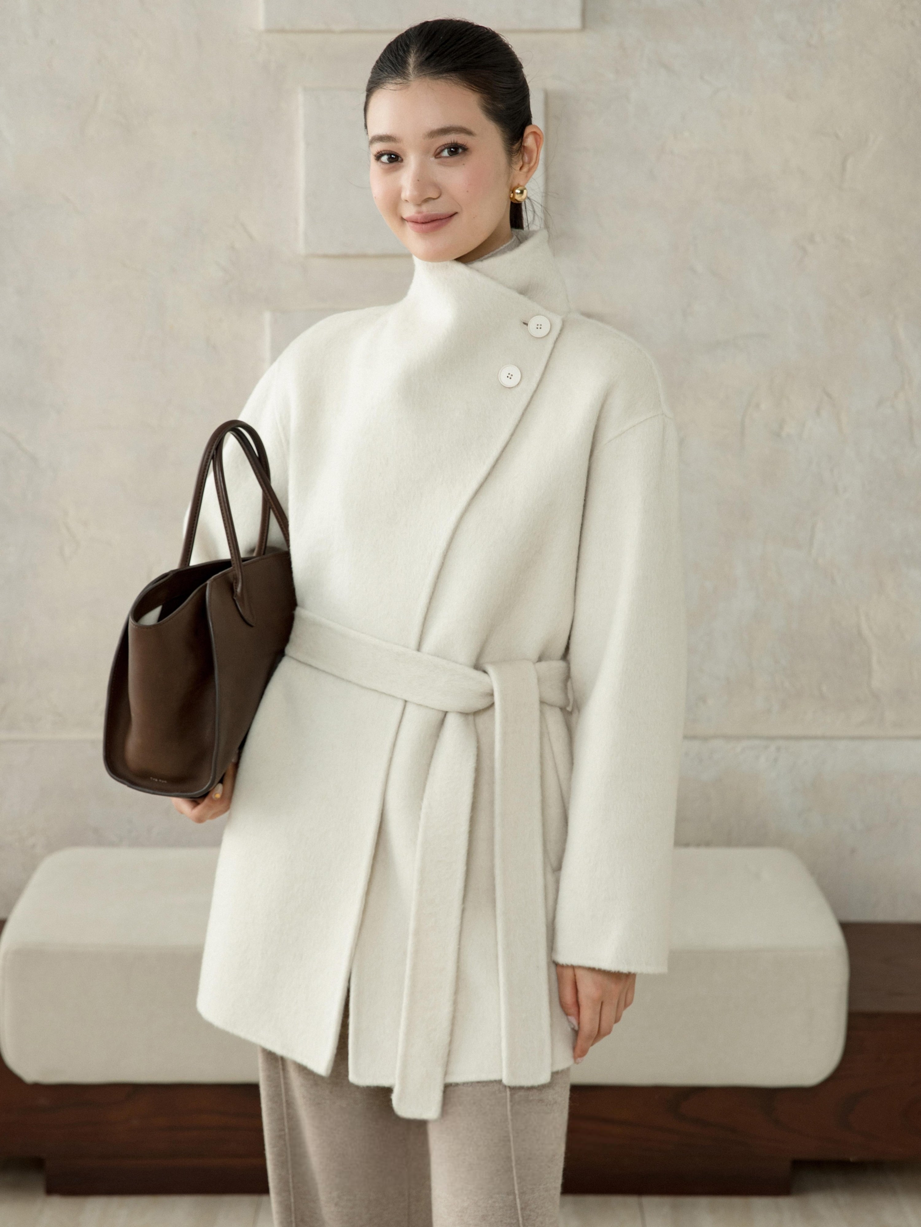 High-Neck Belted Wool Coat - White
