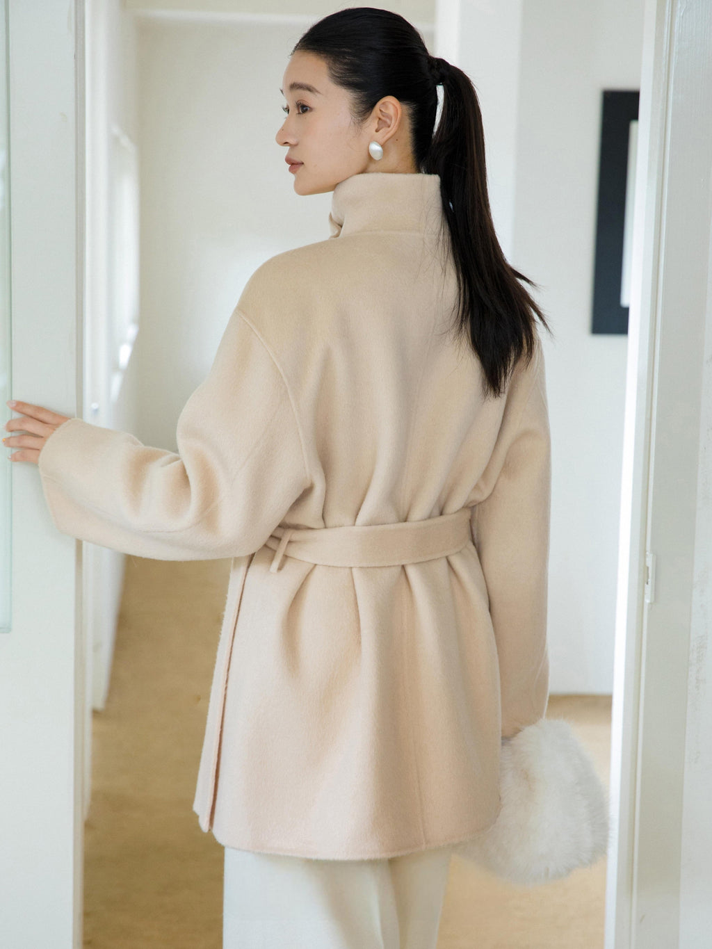 High-Neck Belted Wool Coat - Beige