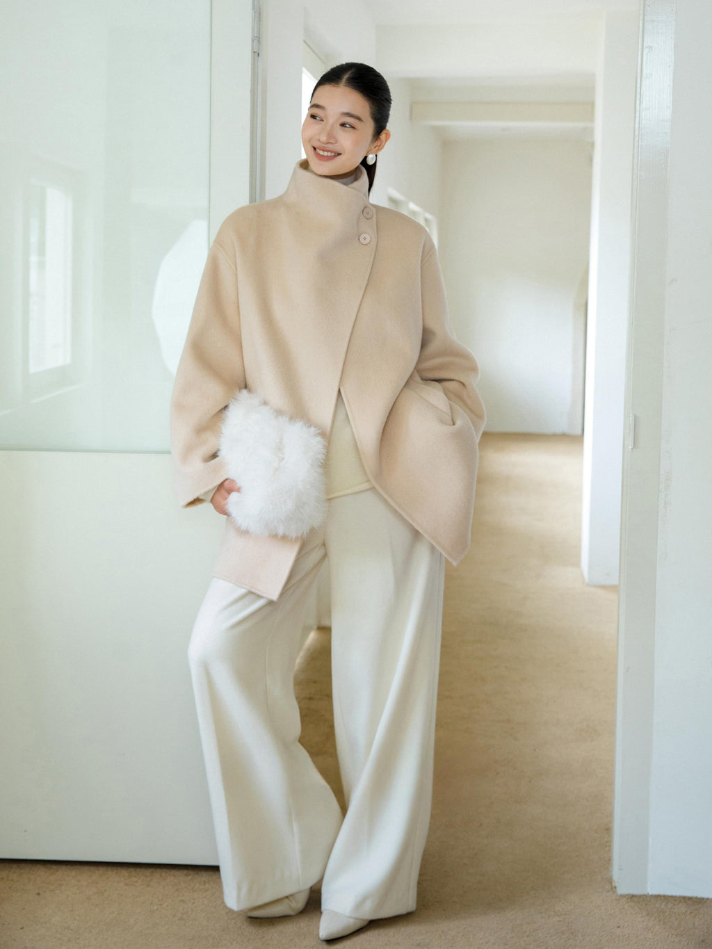 High-Neck Belted Wool Coat - Beige
