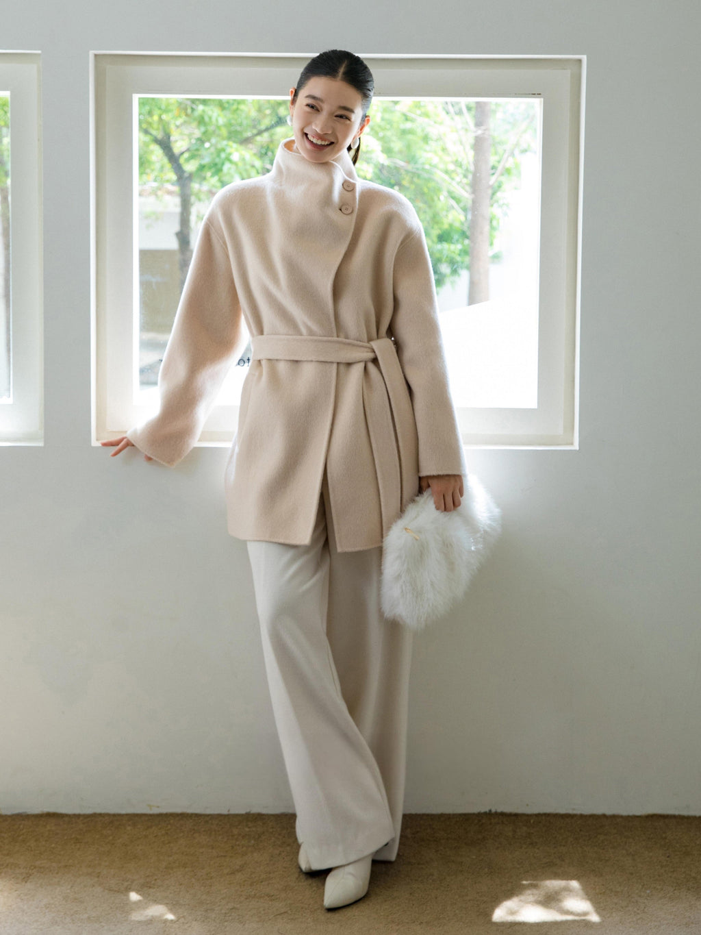 High-Neck Belted Wool Coat - Beige