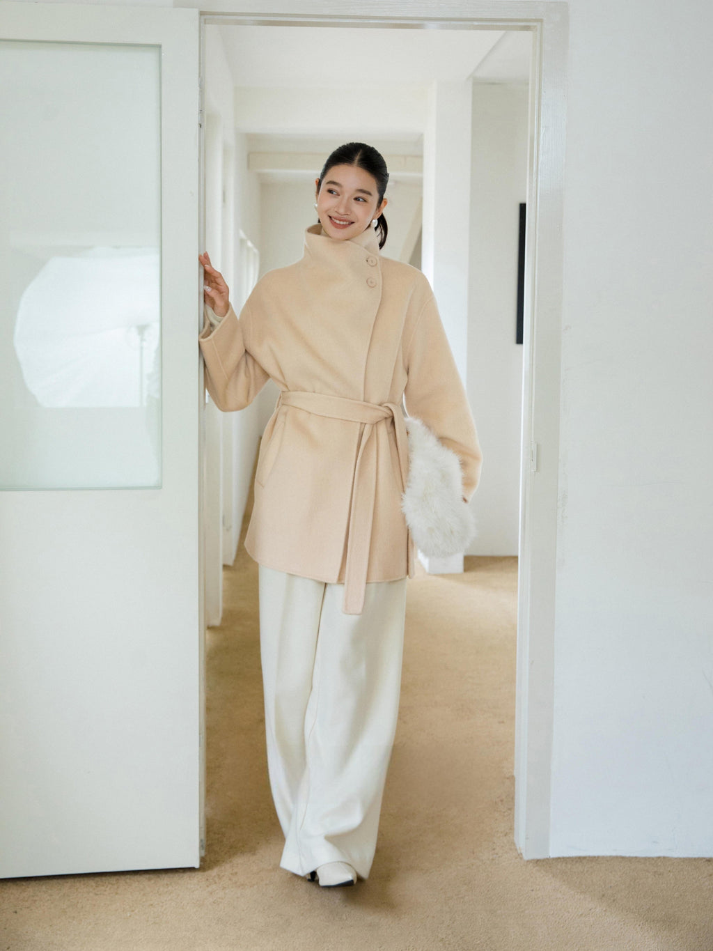 High-Neck Belted Wool Coat - Beige