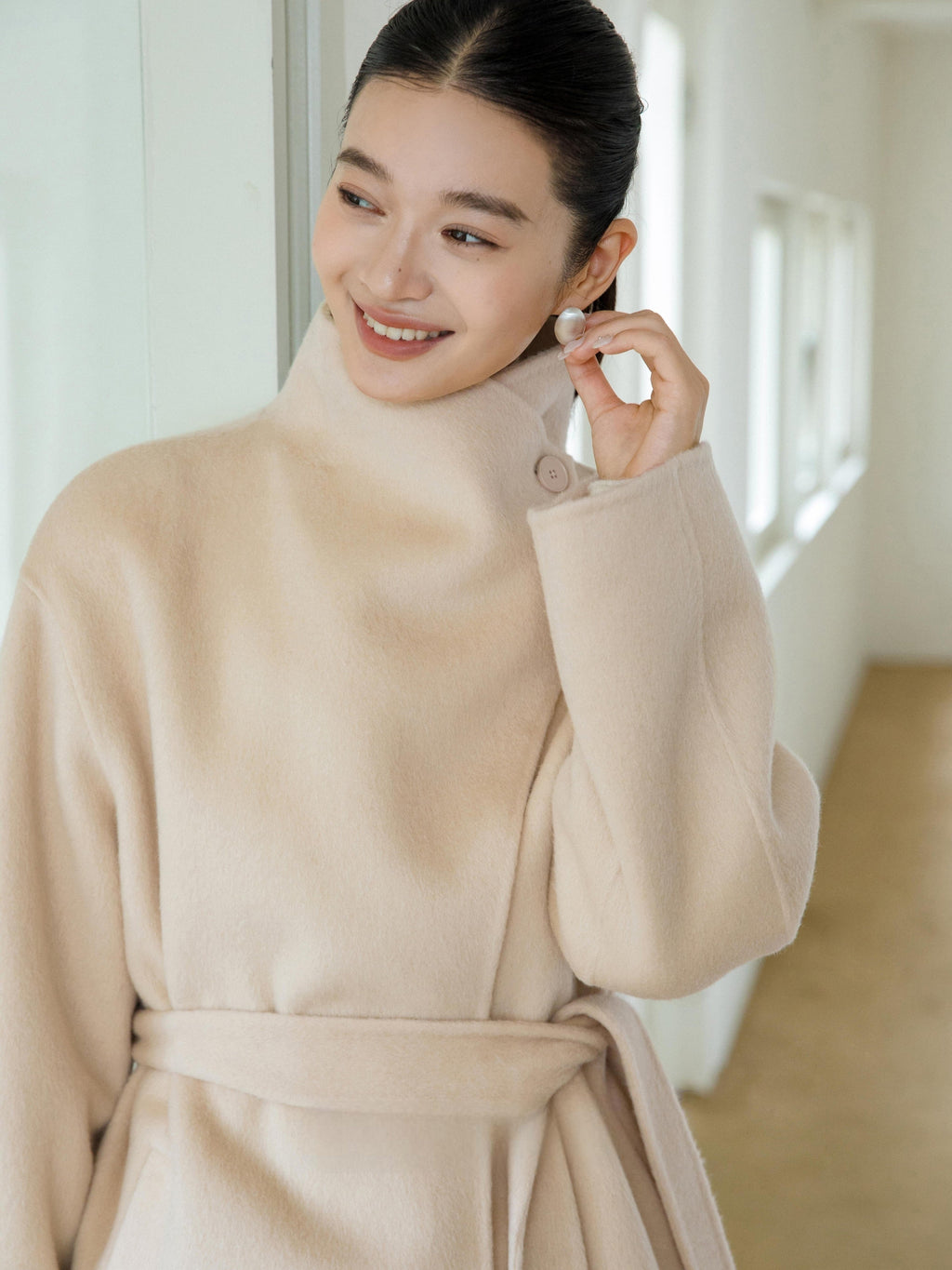 High-Neck Belted Wool Coat - Beige