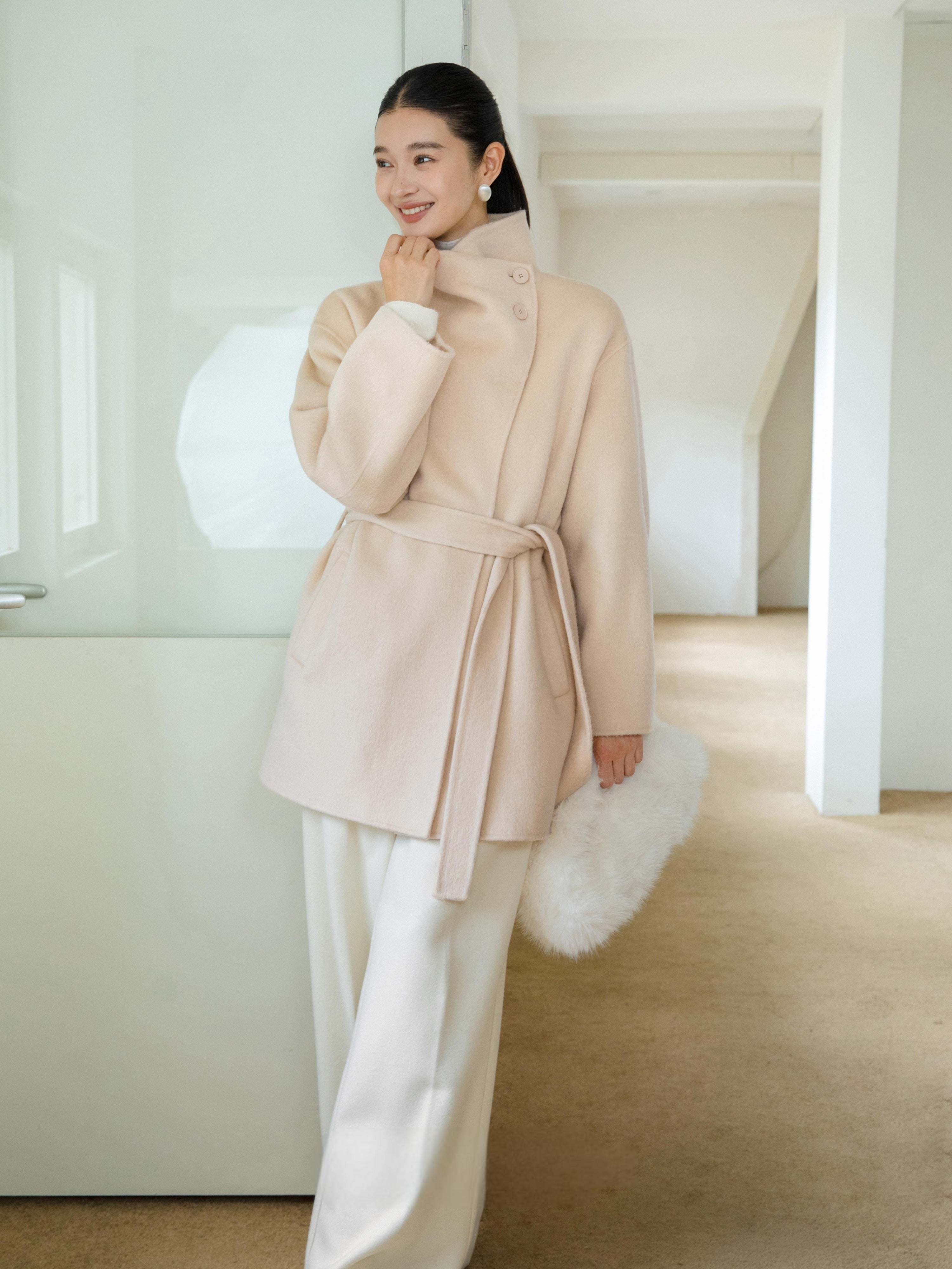 High-Neck Belted Wool Coat - Beige