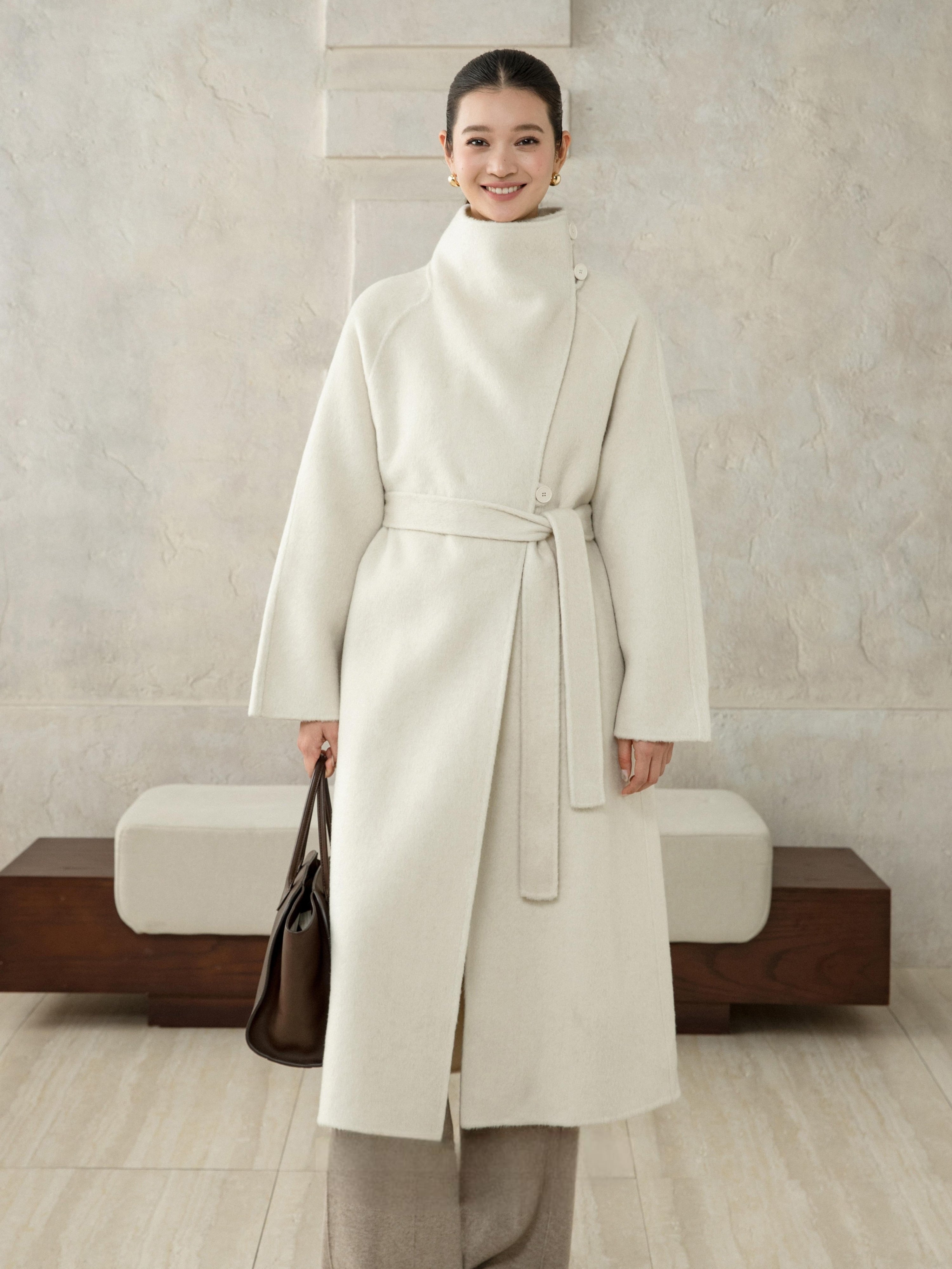 Wool Camel High-Neck Coat - Ivory