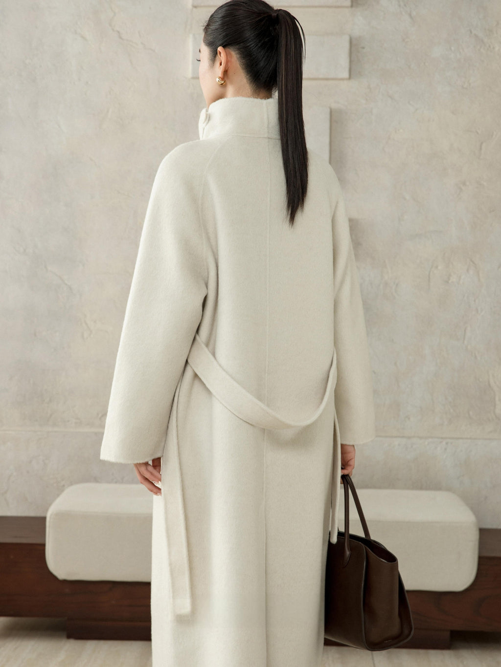 Wool Camel High-Neck Coat - Ivory