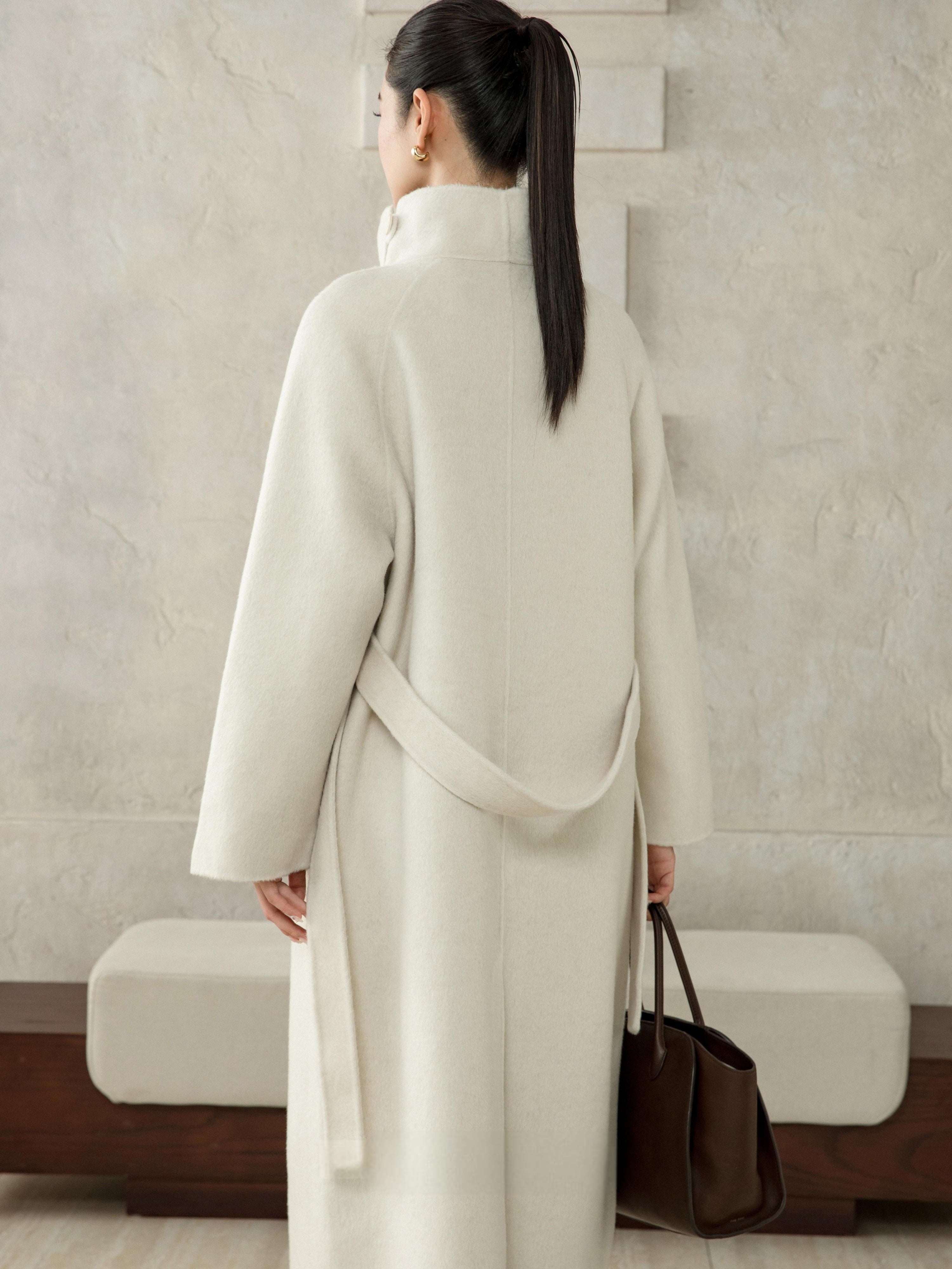 Wool Camel High-Neck Coat - Ivory