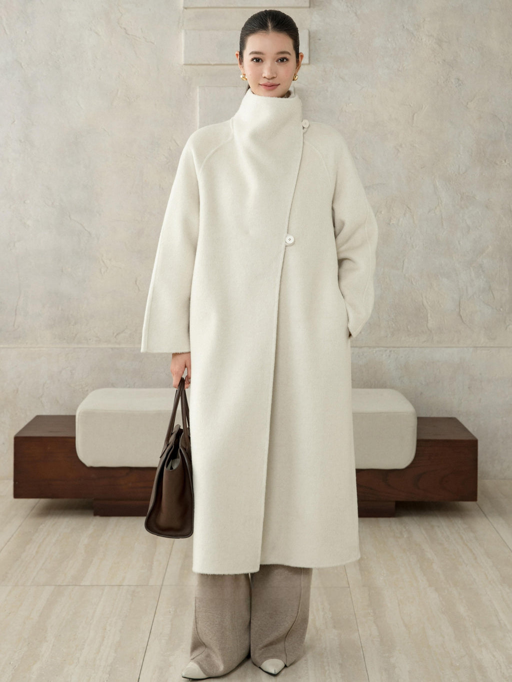 Wool Camel High-Neck Coat - Ivory