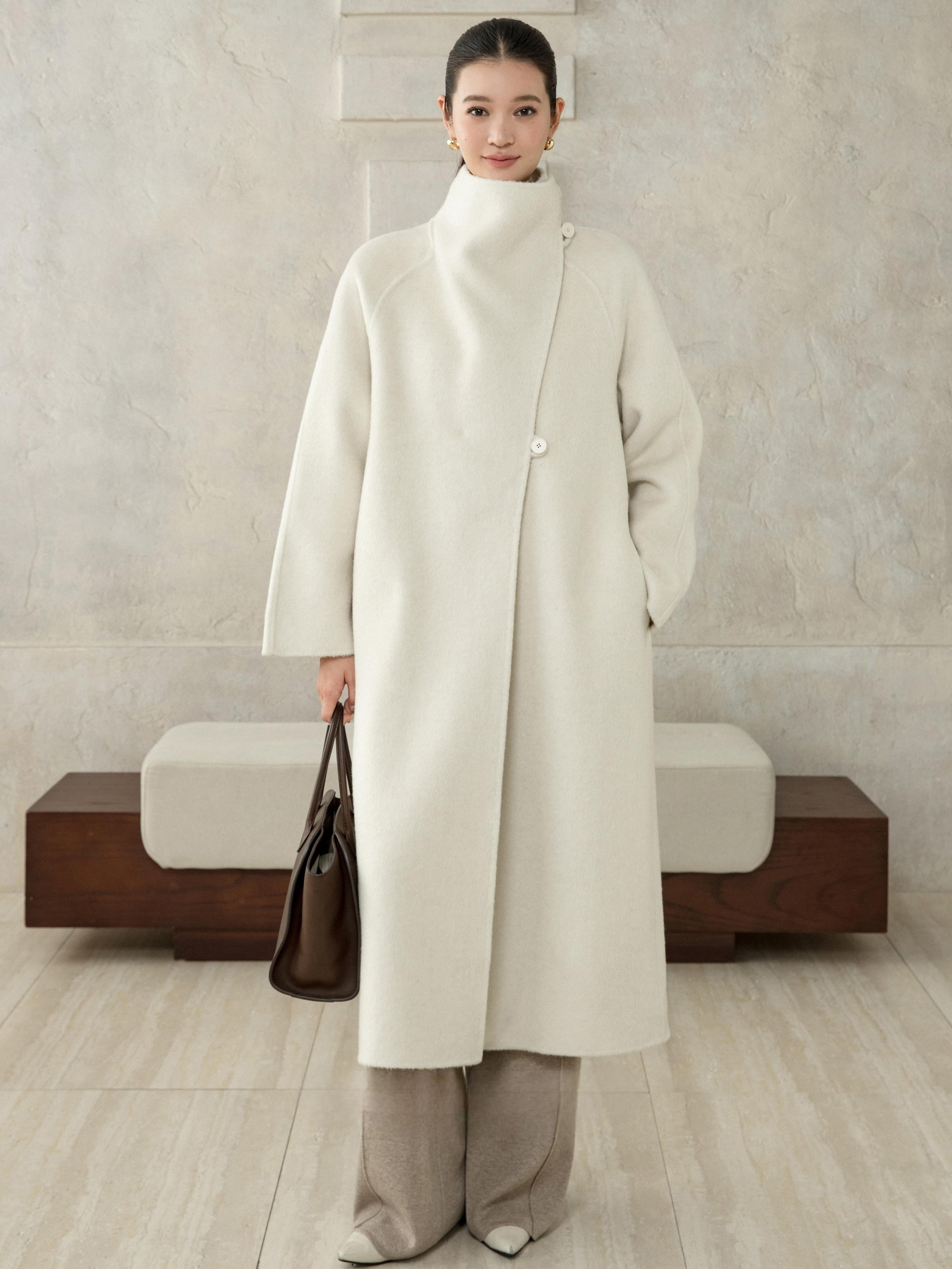 Wool Camel High-Neck Coat - Ivory