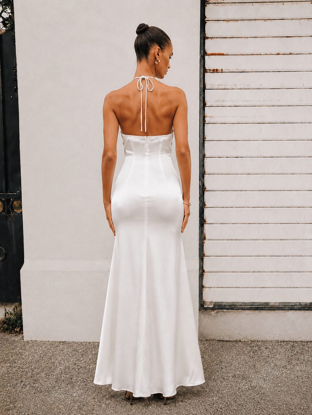 Yulia Satin Halter Lace Maxi Dress