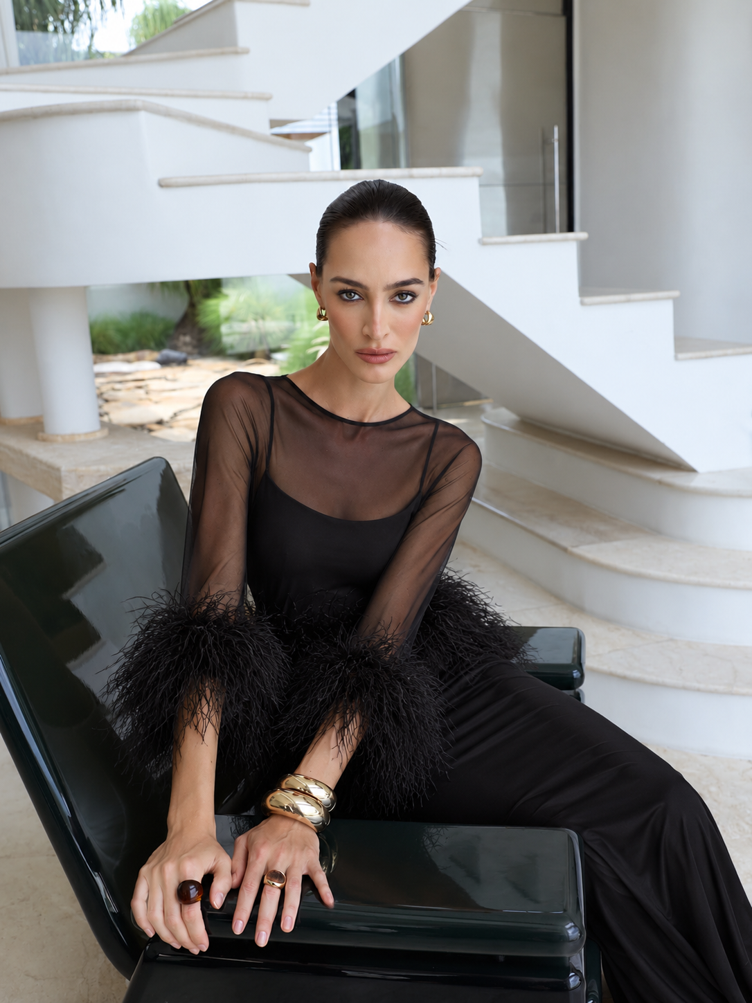 Amira Maxi Dress & Shawl Set with Feather Trim - Black