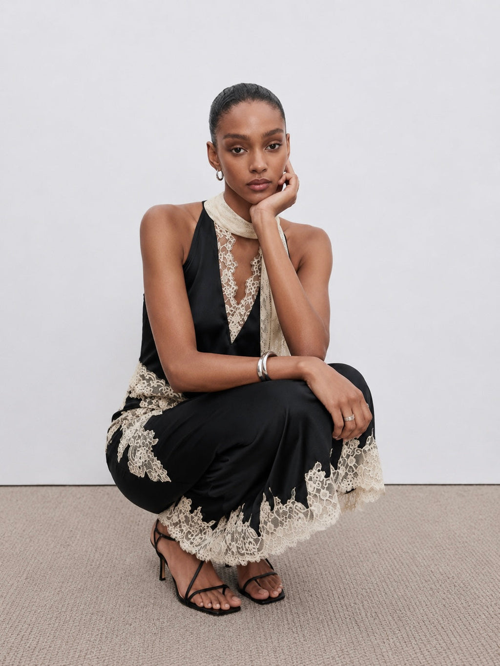 Kelsey Satin Lace Skirt - Black