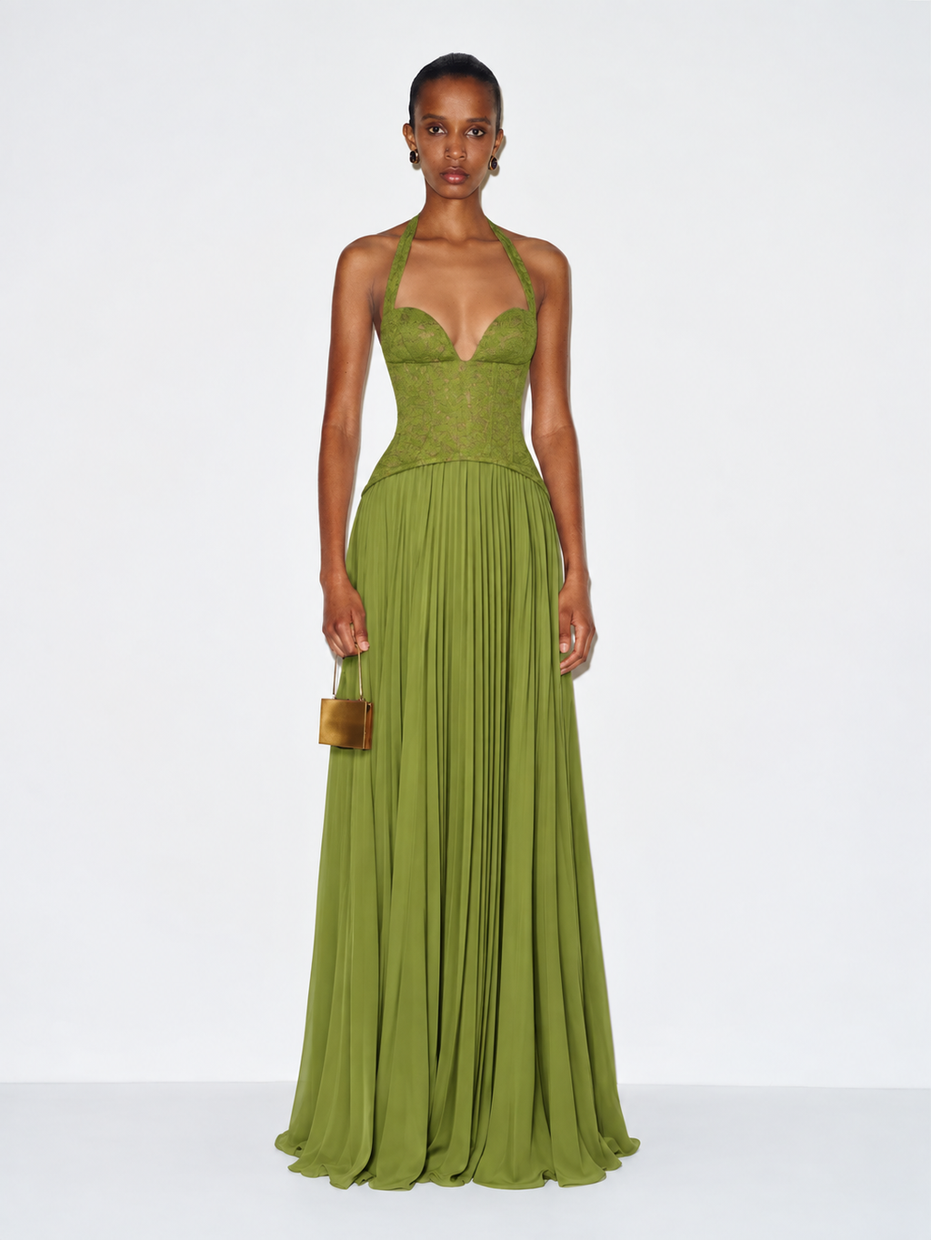 Esra Corset Pleated Maxi Dress - Olive