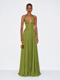 Esra Corset Pleated Maxi Dress - Olive