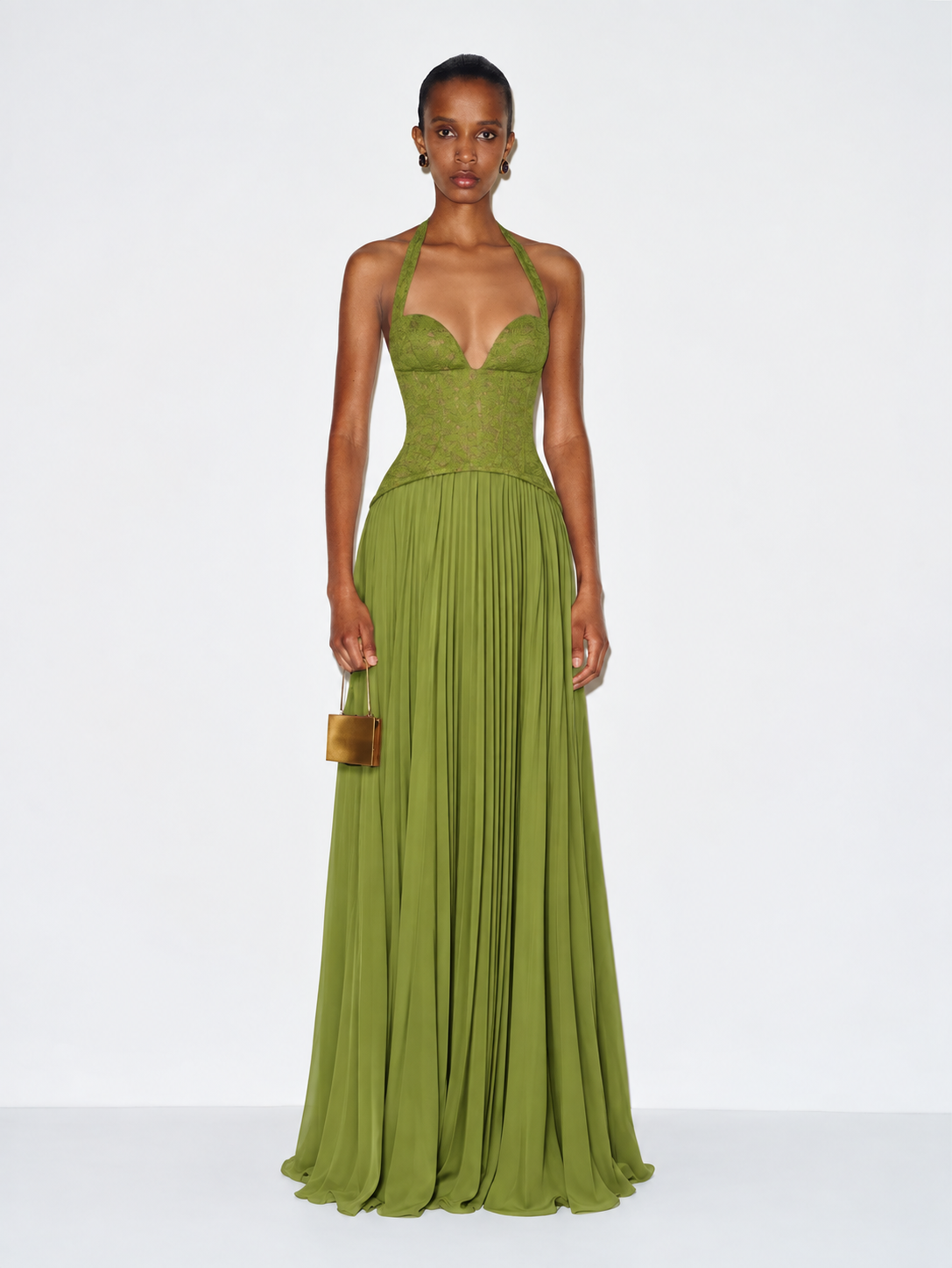Esra Corset Pleated Maxi Dress - Olive