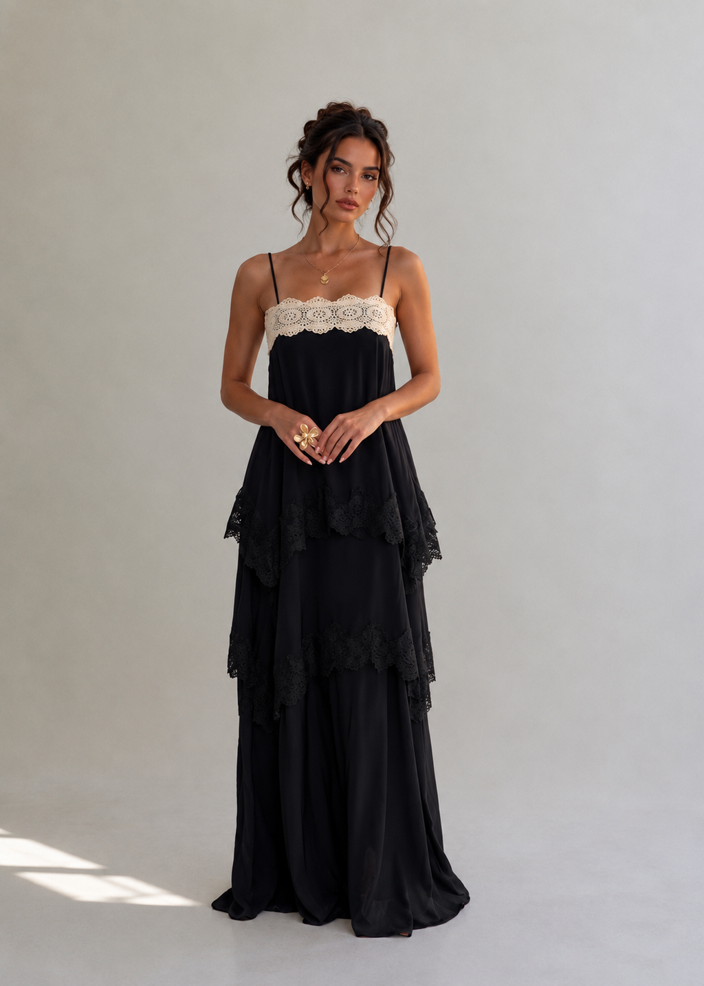Joyce Lace Tiered Maxi Dress - Black