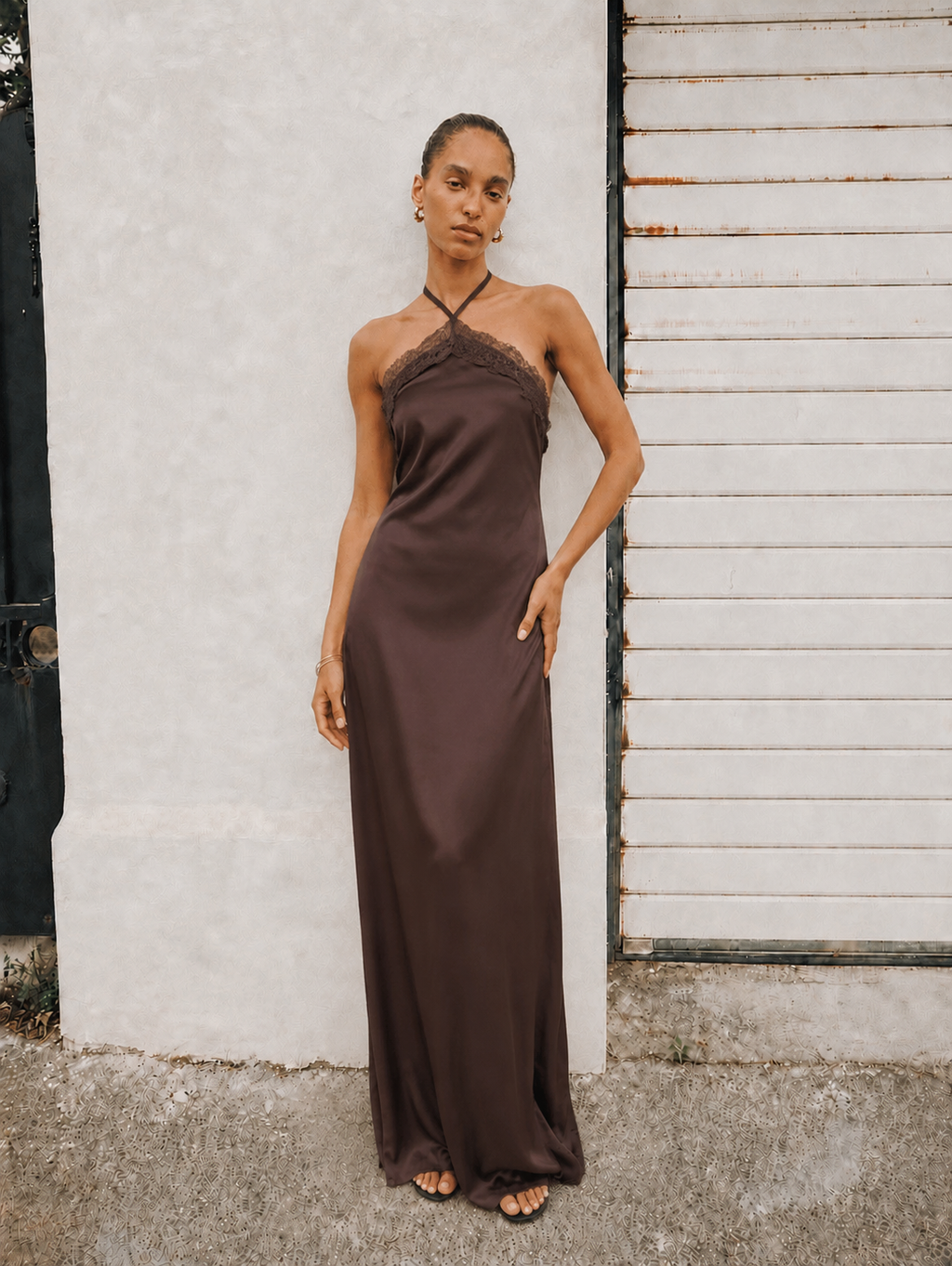 Priya Satin Lace Halter Maxi Dress