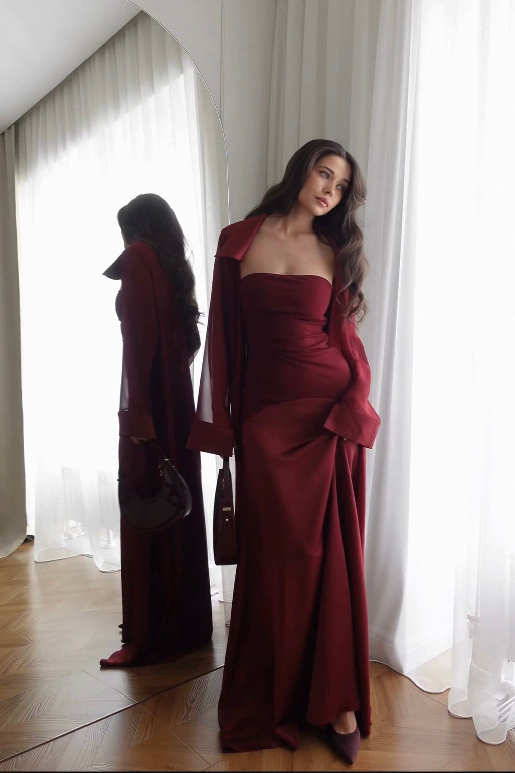 Amira Jacket & Dress Set in Naia™ Satin - Burgundy