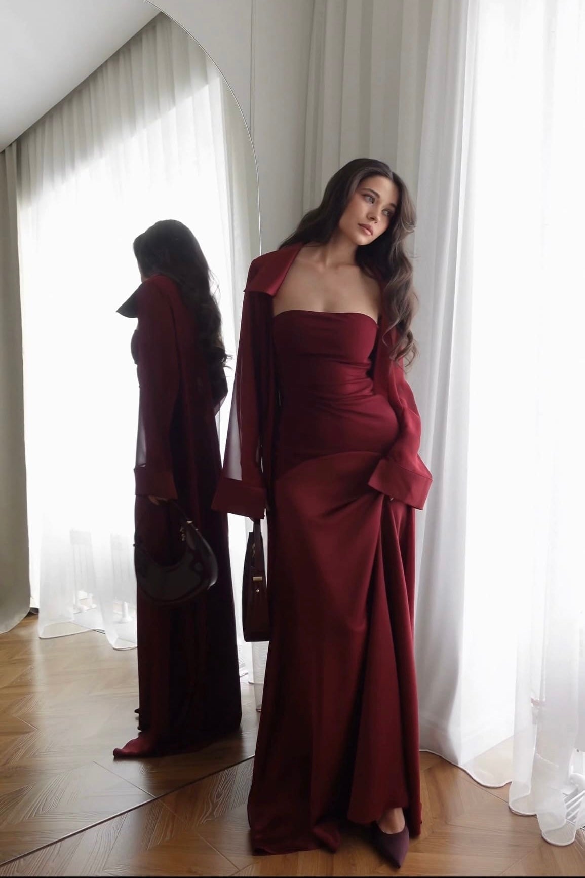 Amira Jacket & Dress Set in Naia™ Satin - Burgundy