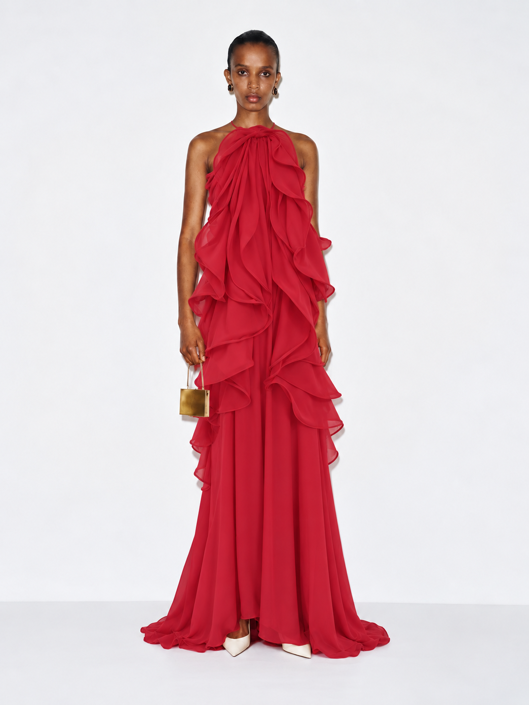 red halter ruffle dress Maura Chiffon Maxi Mini dress