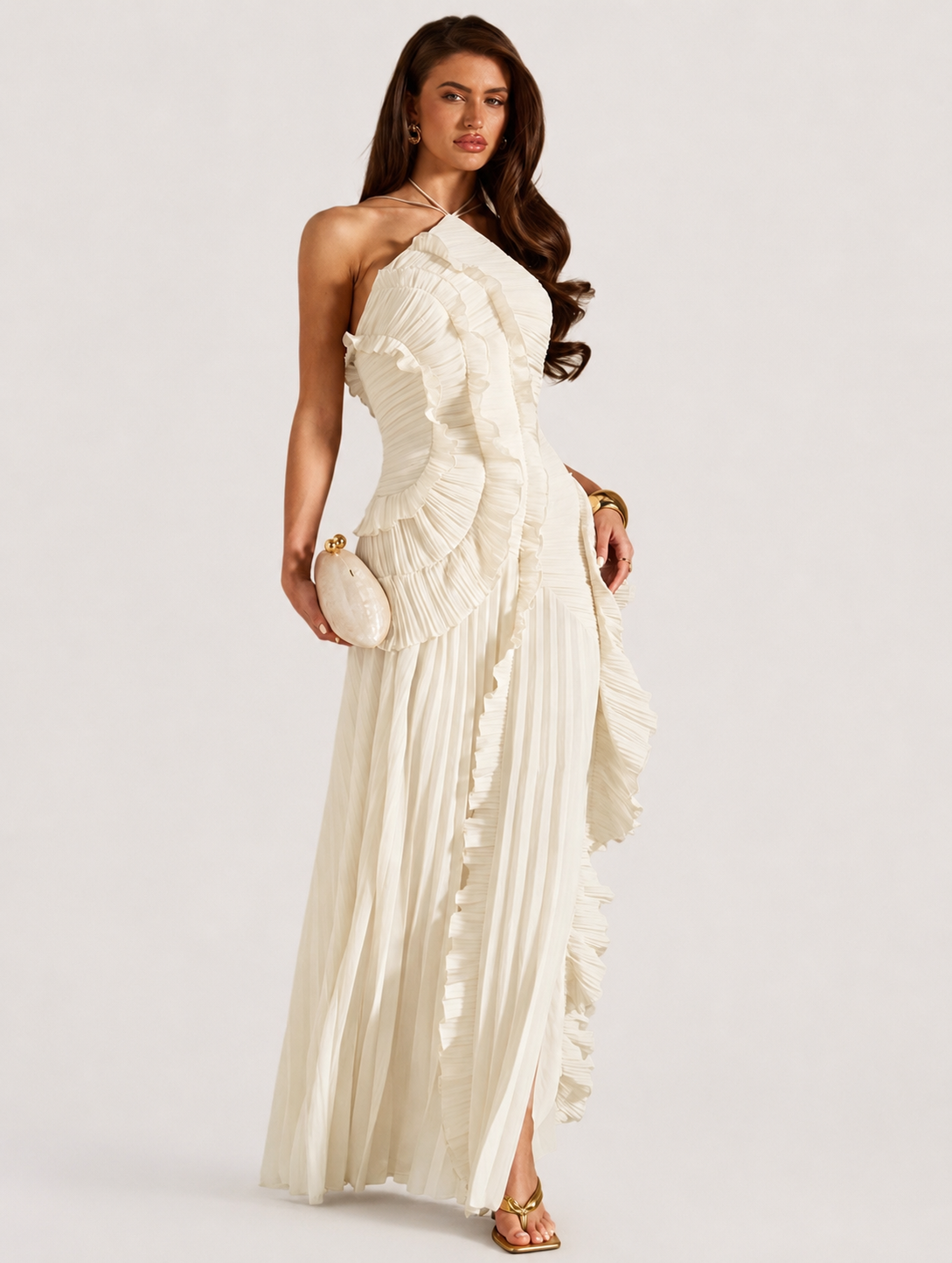 Rosalie Ruffle Pleated Maxi Dress - Apricot