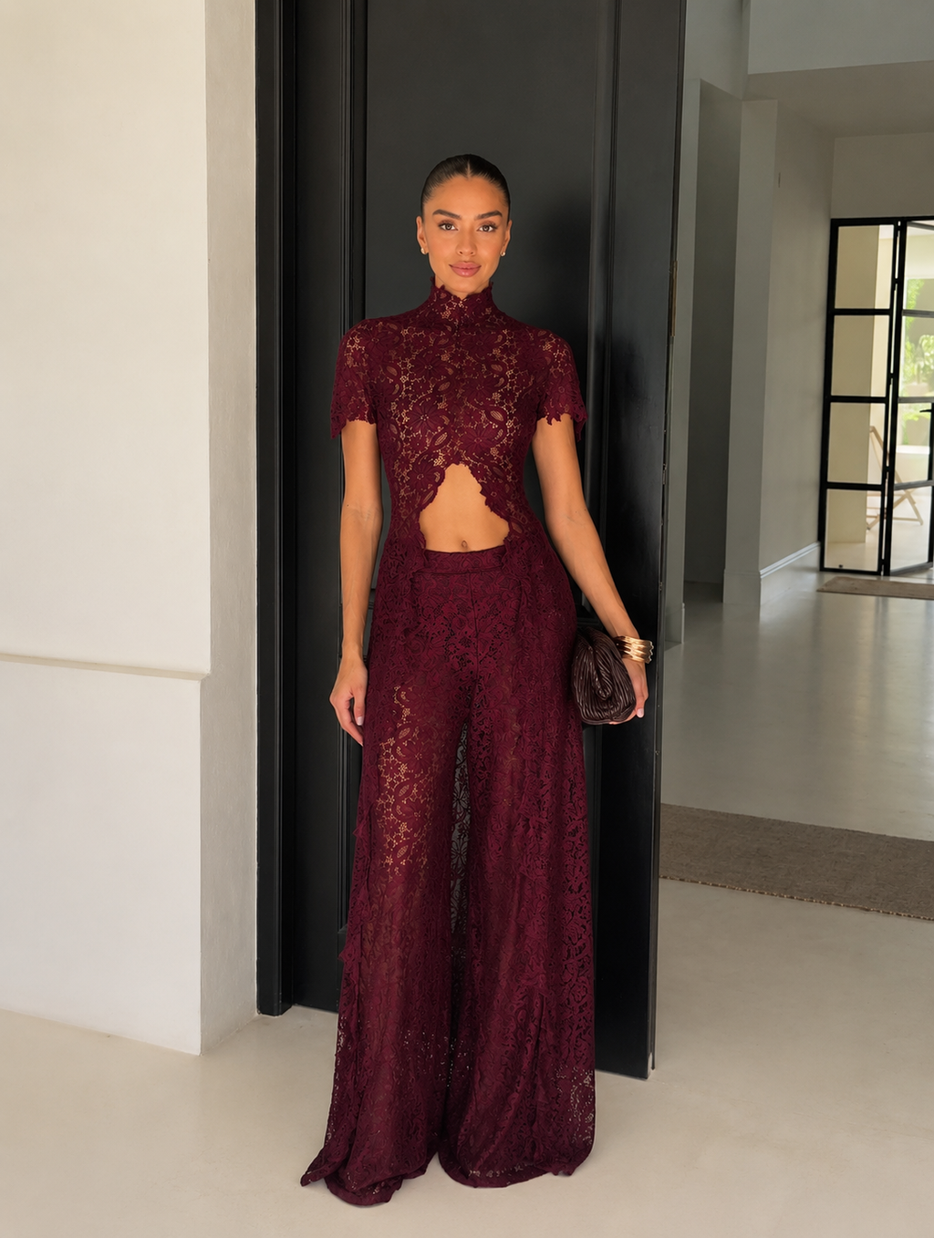 Loana Lace Top & Pants Set - Burgundy