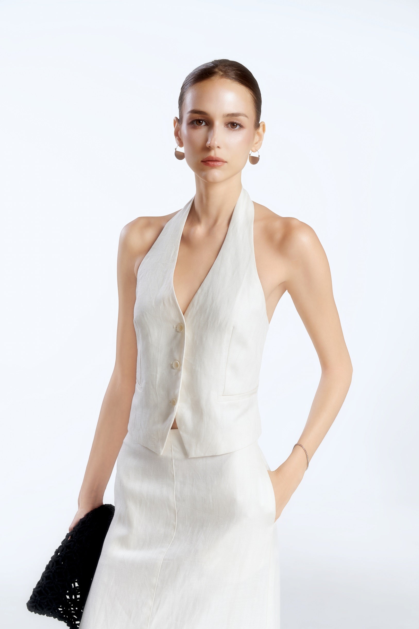 HALTERNECK LINEN DEMI-VEST - OFF-WHITE