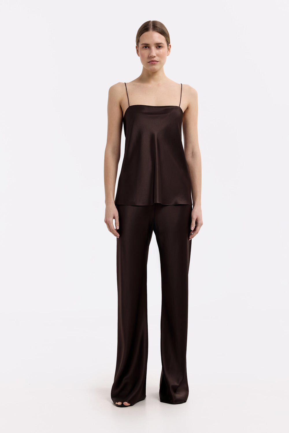 Hanna Espresso straight-neck silk-satin cami top