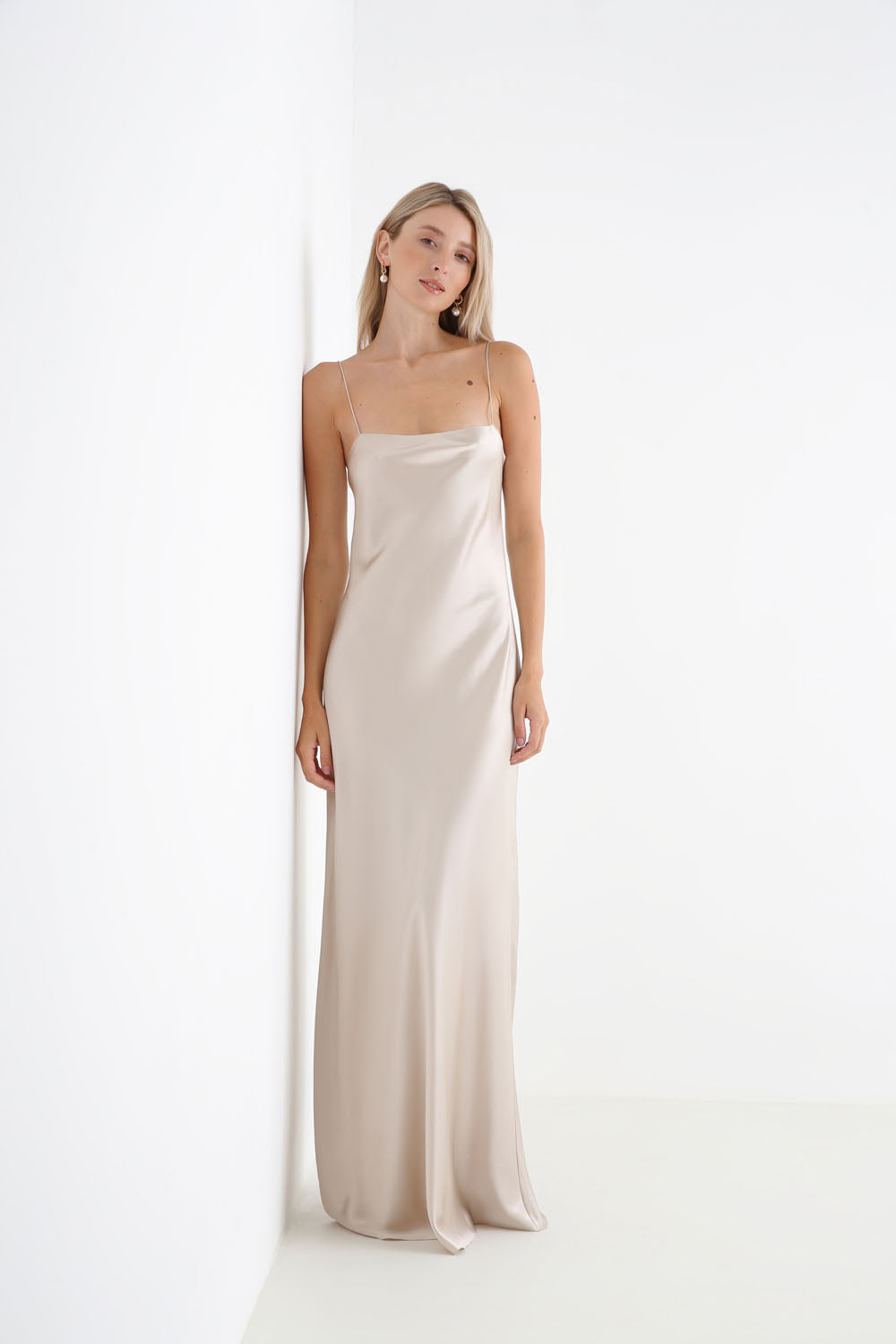 Zoe Oyster square neck silk satin maxi dress