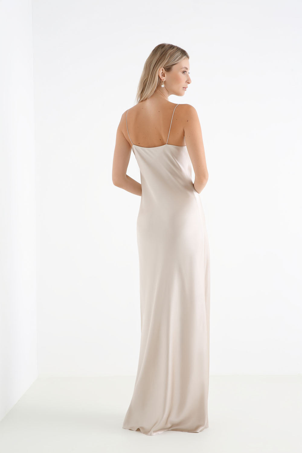 Zoe Oyster straight neck silk satin maxi dress