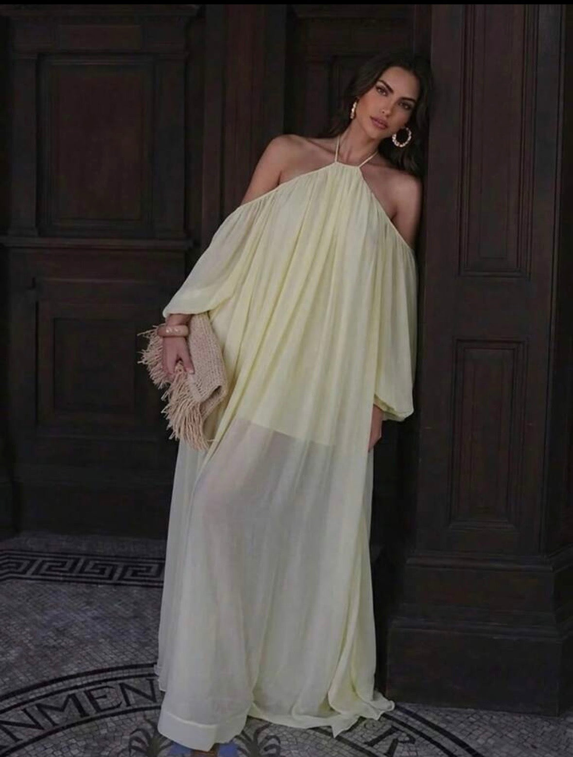 Butter Yellow Halter Neck Sheer Maxi Dress