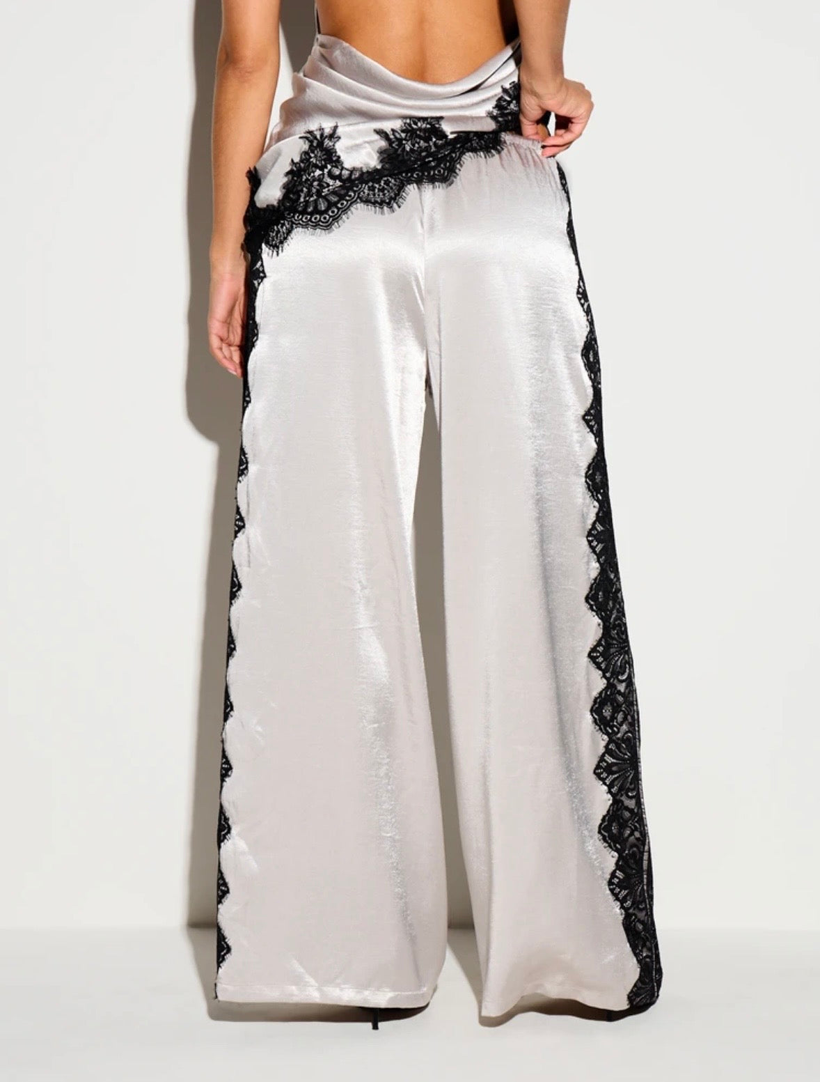 Agnes Satin Wide-Leg Pants with Lace Trim