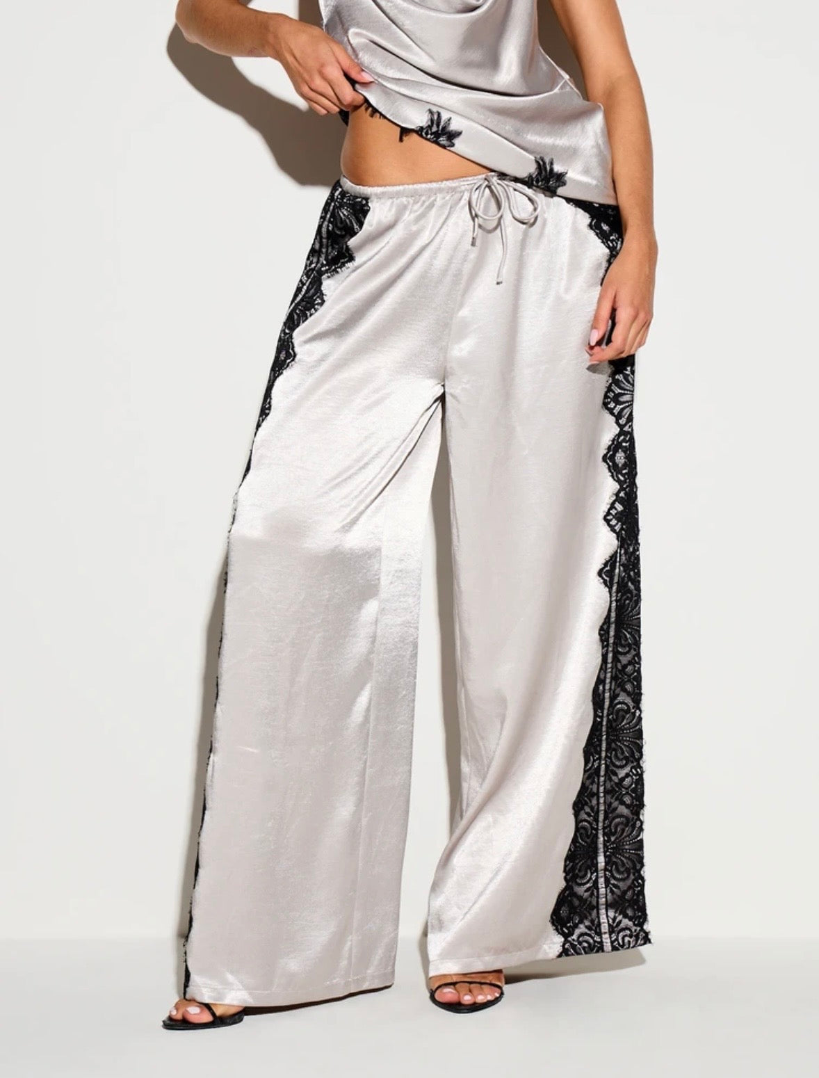 Agnes Satin Wide-Leg Pants with Lace Trim
