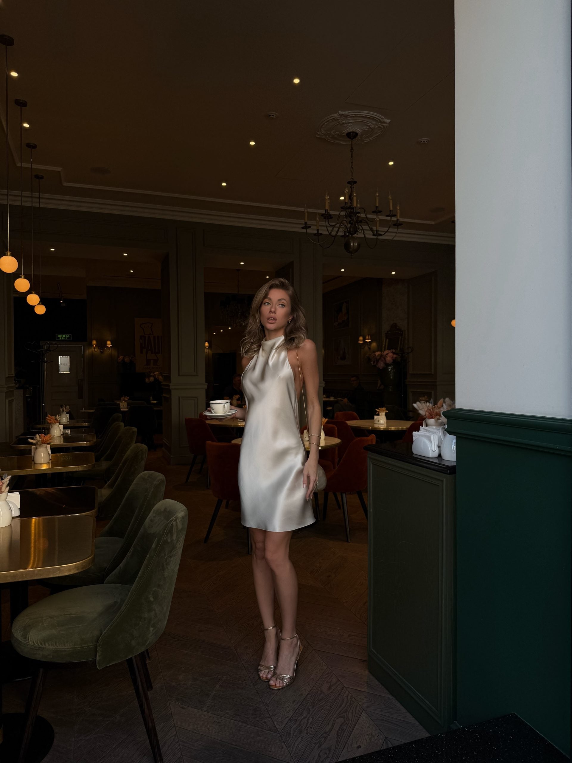 Cea Butter-Cream silk-satin backless halter-neck mini dress