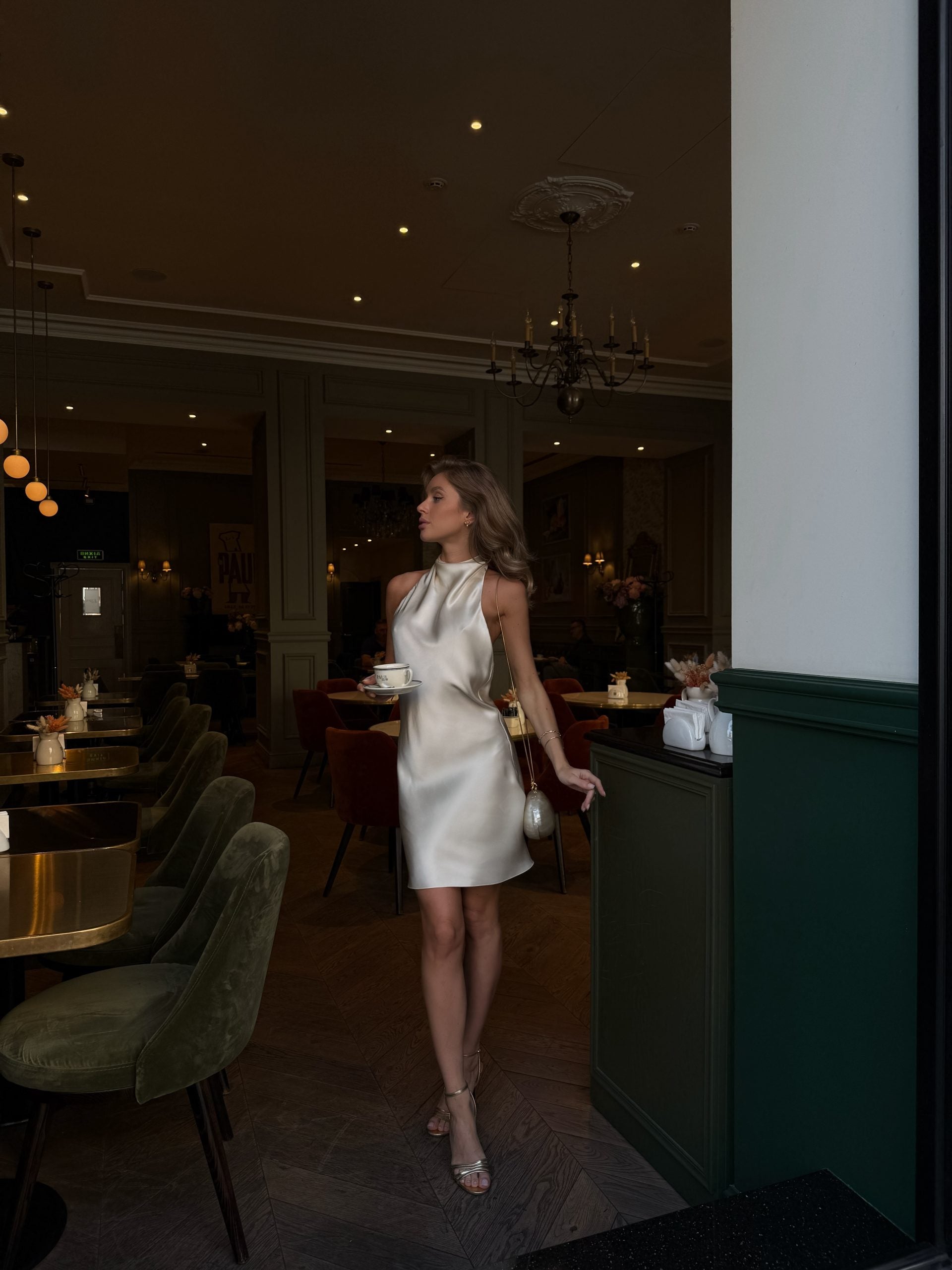 Cea Butter-Cream silk-satin backless halter-neck mini dress