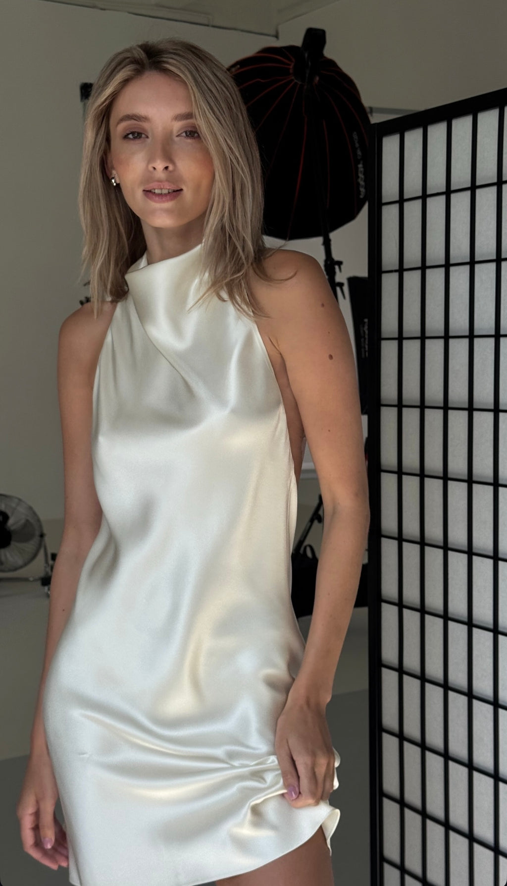 Cea Butter-Cream silk-satin backless halter-neck mini dress