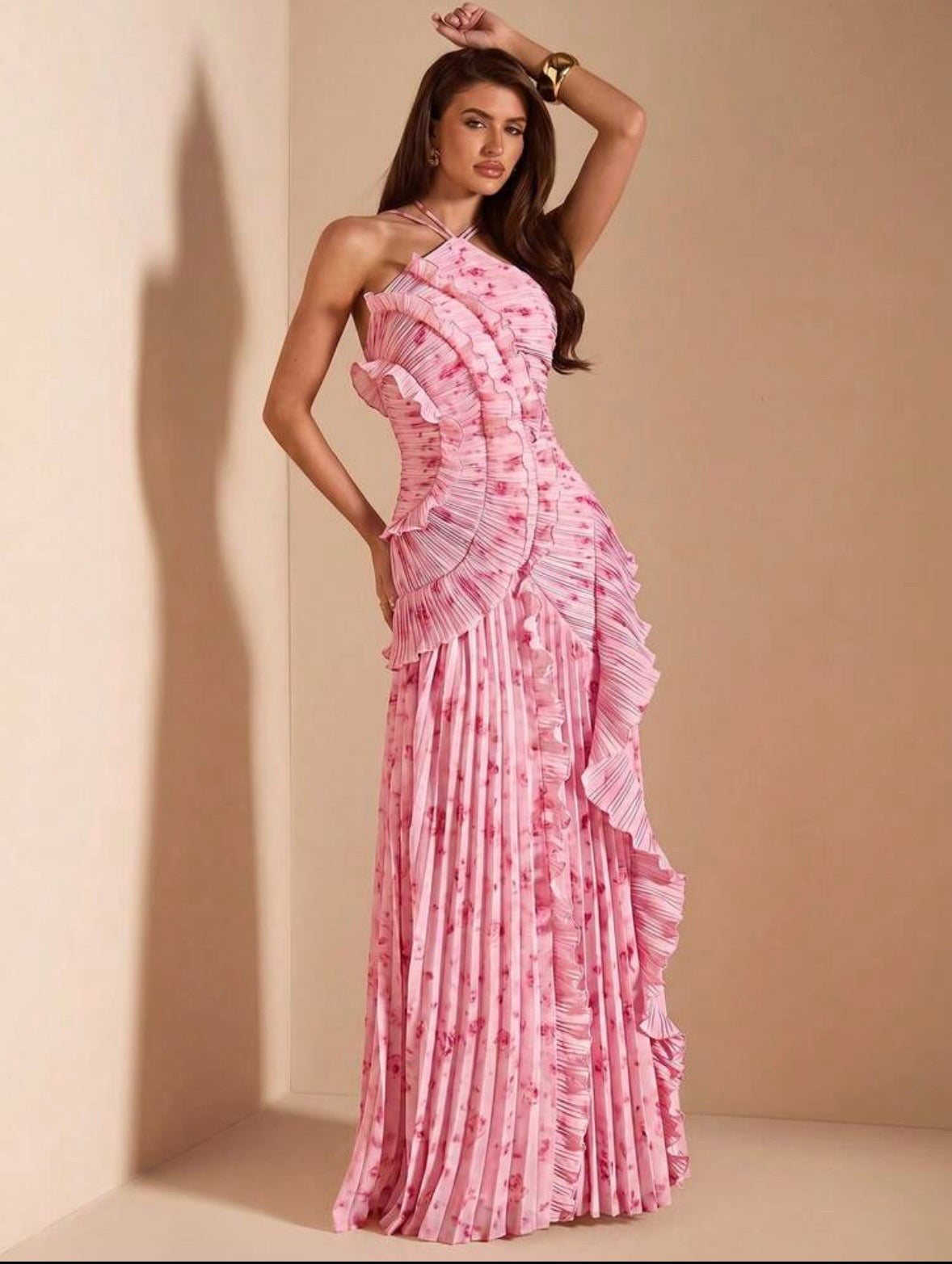 Rosalie Ruffle Pleated Maxi Dress - Pink