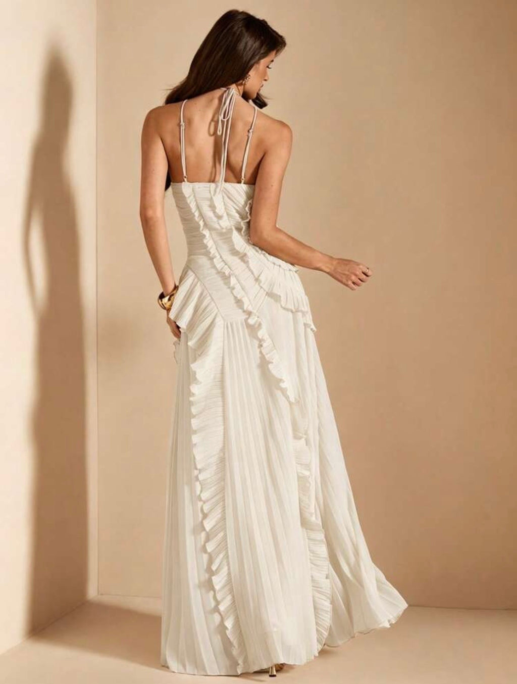 Rosalie Ruffle Pleated Maxi Dress - Apricot
