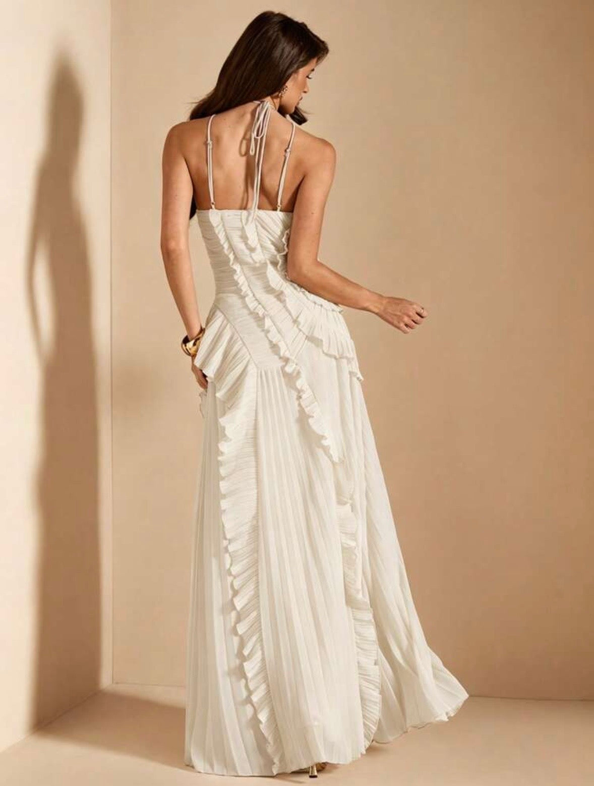 Rosalie Ruffle Pleated Maxi Dress - Apricot